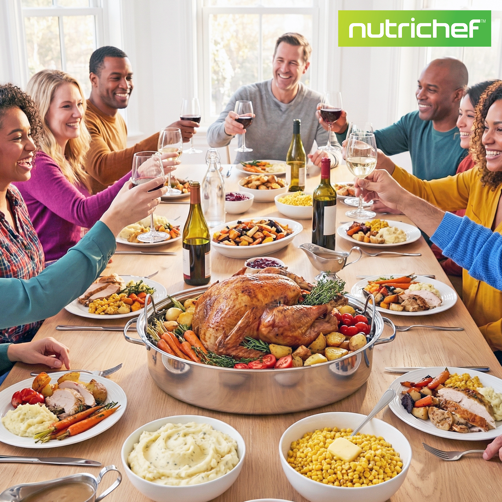Menschen stoßen mit Wein an, während sie um einen Tisch mit Truthahn und Beilagen sitzen.