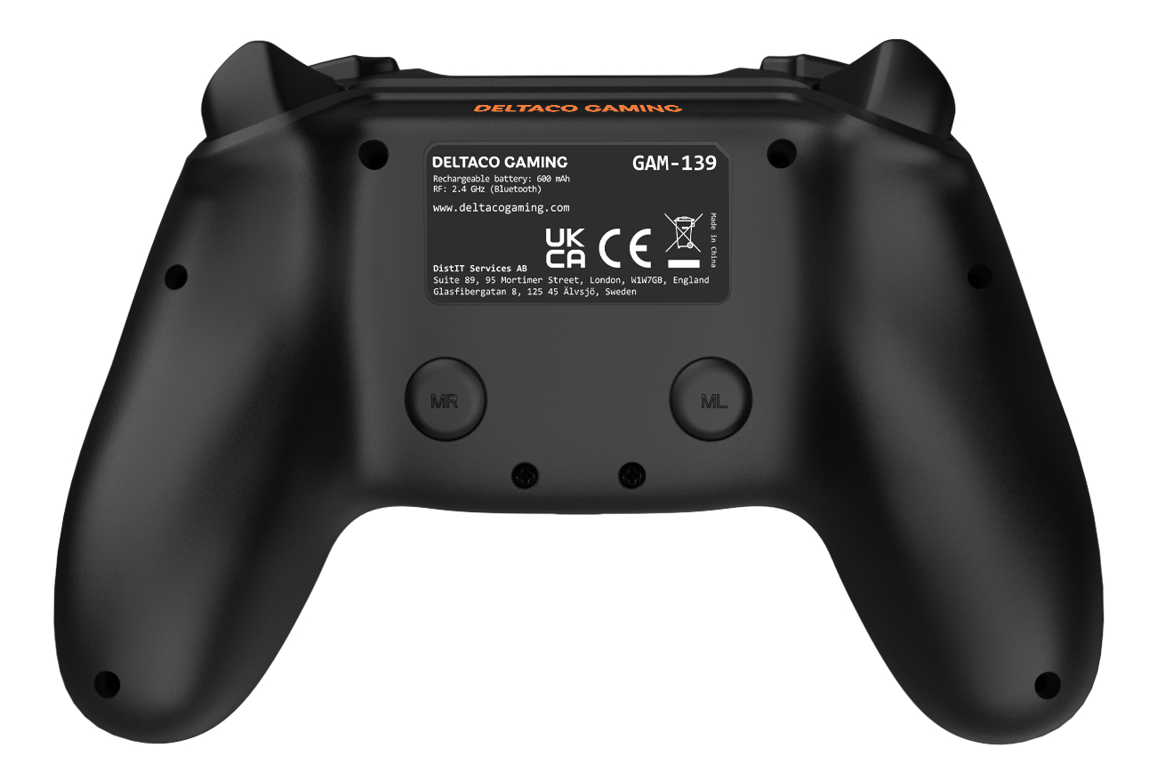 Black gaming controller with labels and logos on the back.