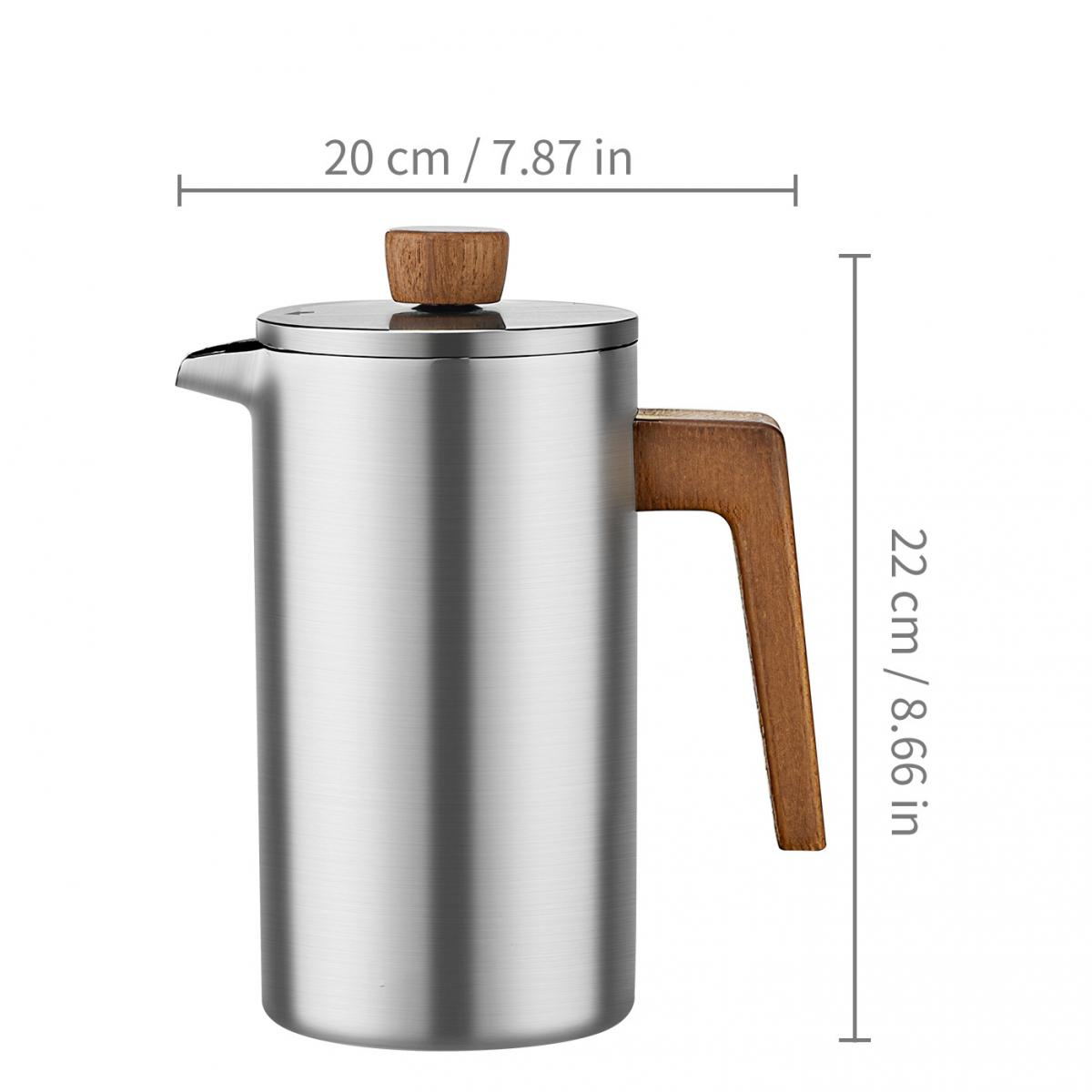 Edelstahl-Kaffeepresse mit Holzgriff und Deckel, 20x22cm.