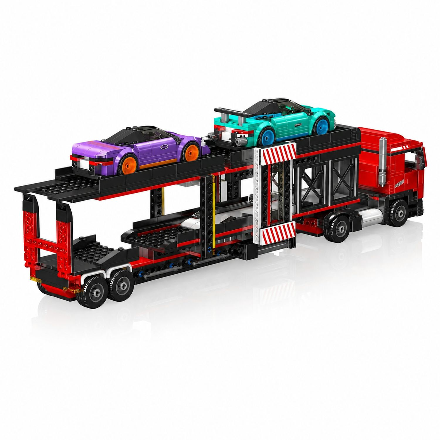 Czerwony samochodzikowy transporter z dwoma zabawkami samochodzikami, fioletowym i turkusowym, na górnym pokładzie.