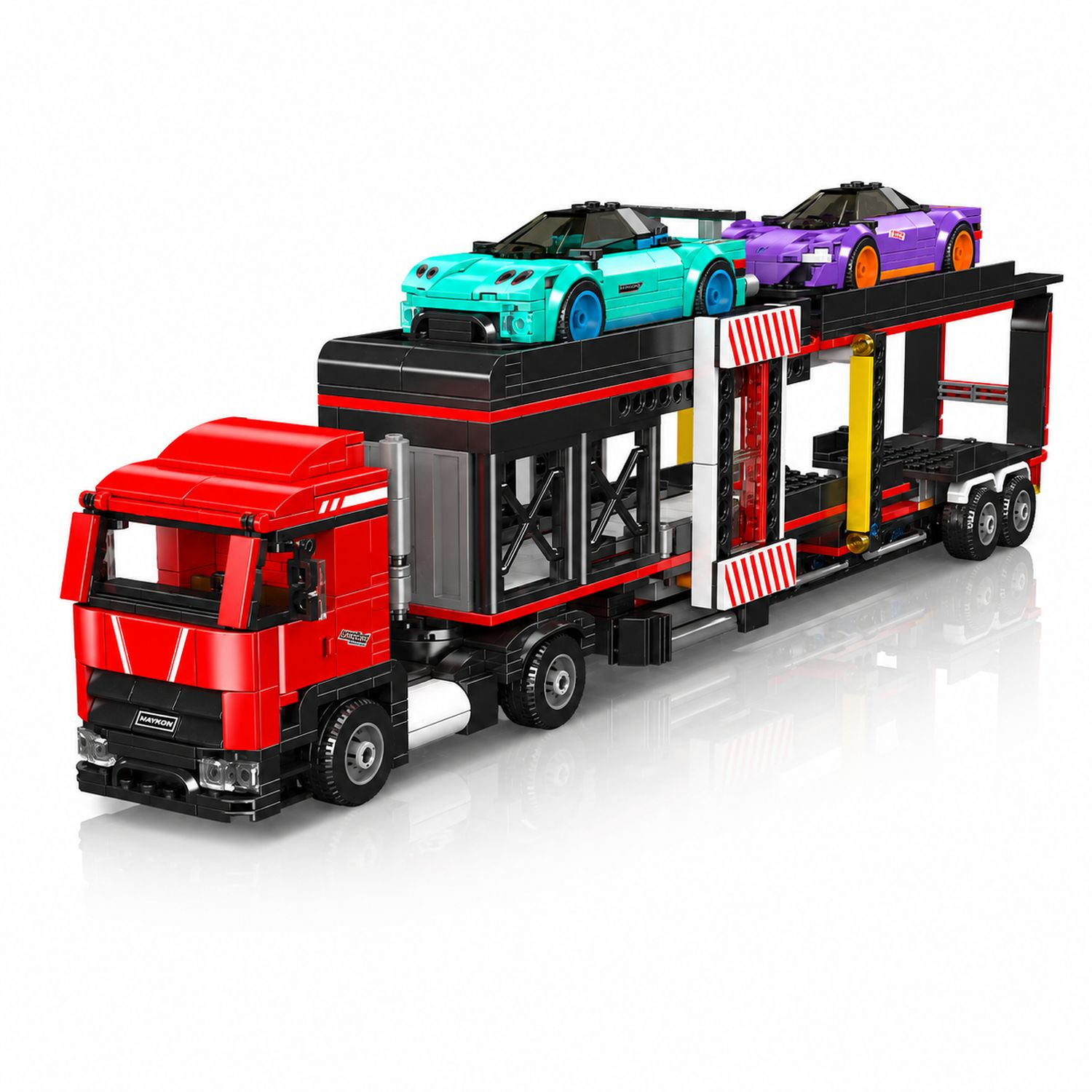 Czerwony transporter samochodowy przewożący trzy zabawki samochodowe: turkusowy, fioletowy i niebieski.
