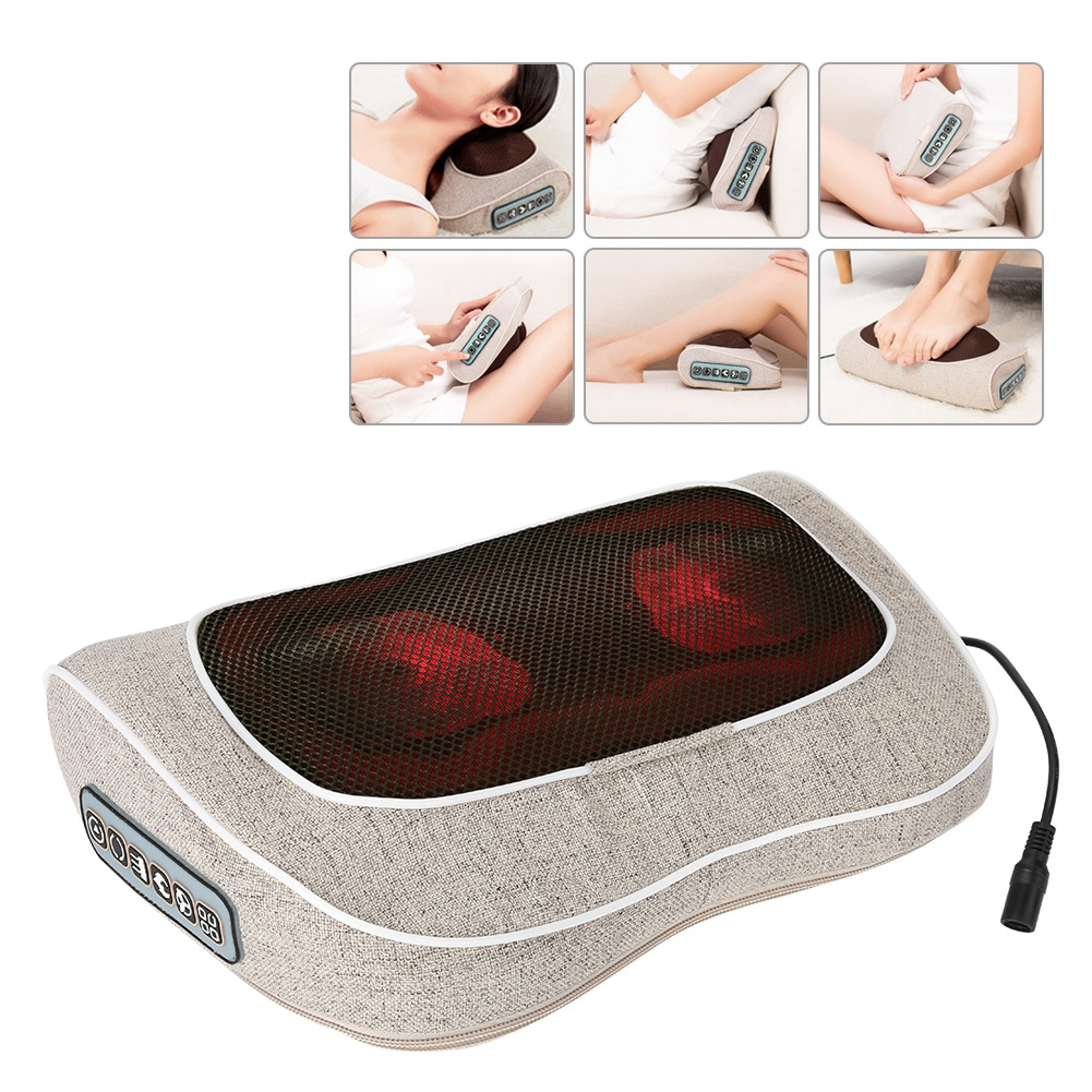 Beige Massagekissen mit roten Lichtern und Bedienelementen, verschiedene Körperteile massierend.