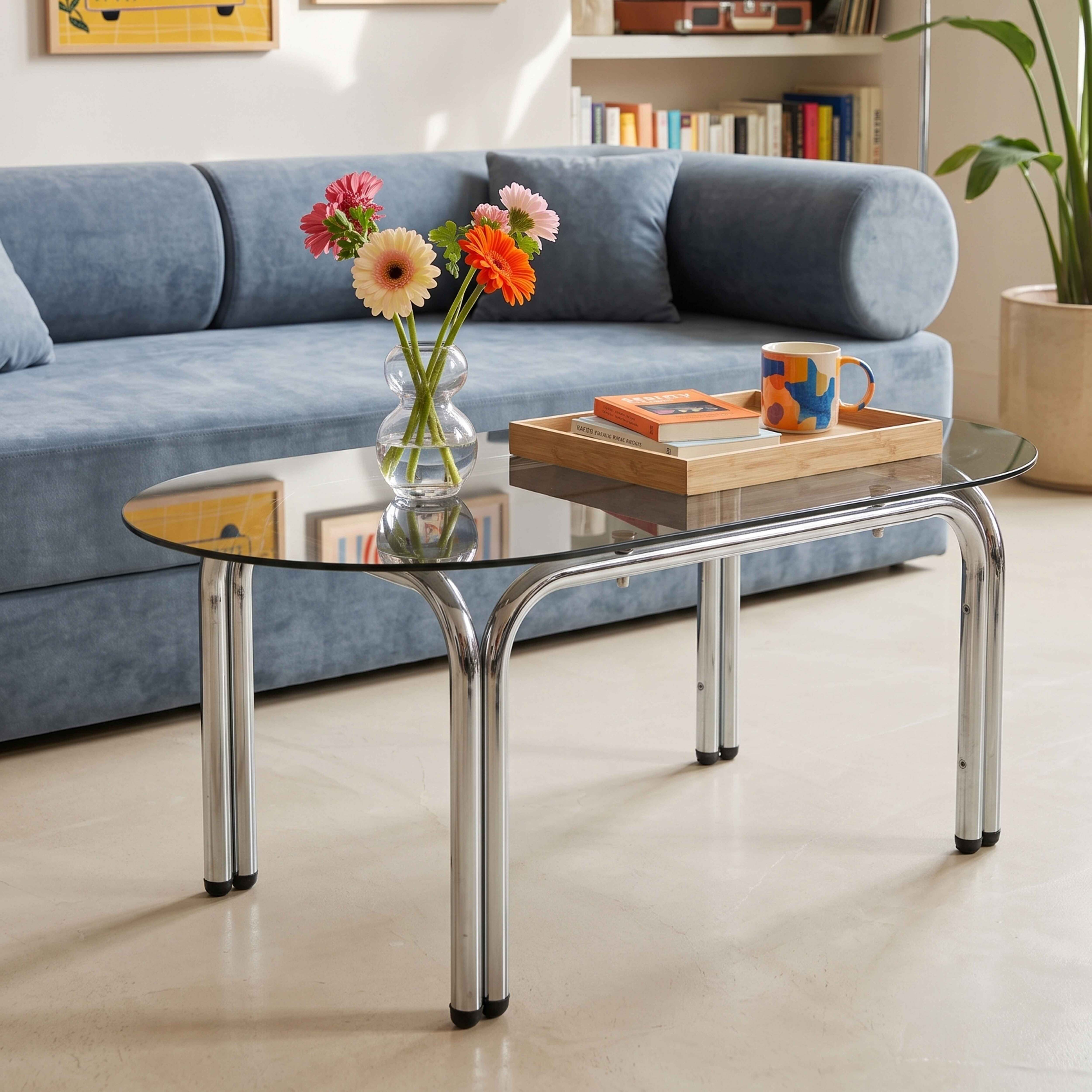 Ein Couchtisch aus Glas und Chrom steht vor einem blauen Sofa mit Blumen und Büchern.