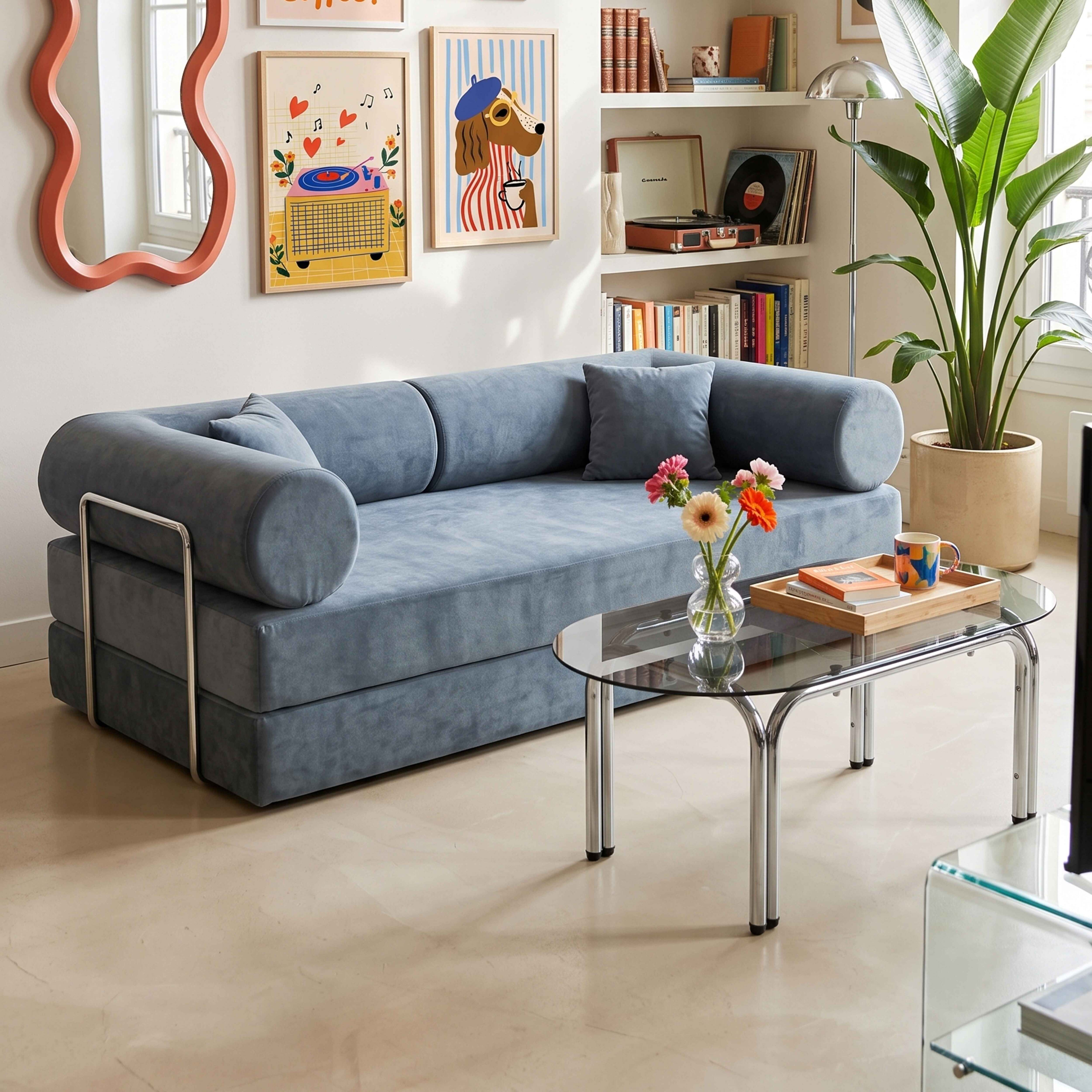 Ein blaues Sofa mit runden Armlehnen steht vor einem Couchtisch aus Glas und Chrom.