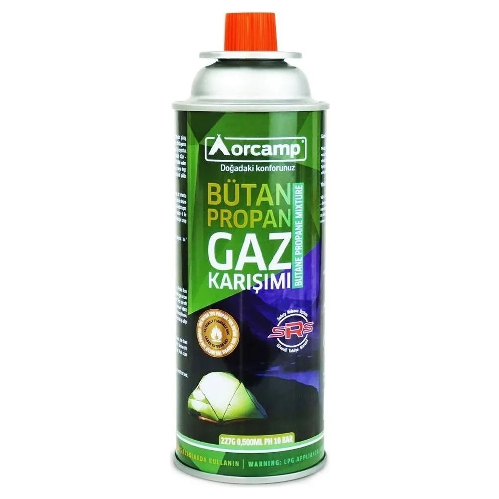 Turuncu kapaklı, üzerinde 'Bütan Propan Gaz Karışımı' yazan yeşil gaz tüpü.