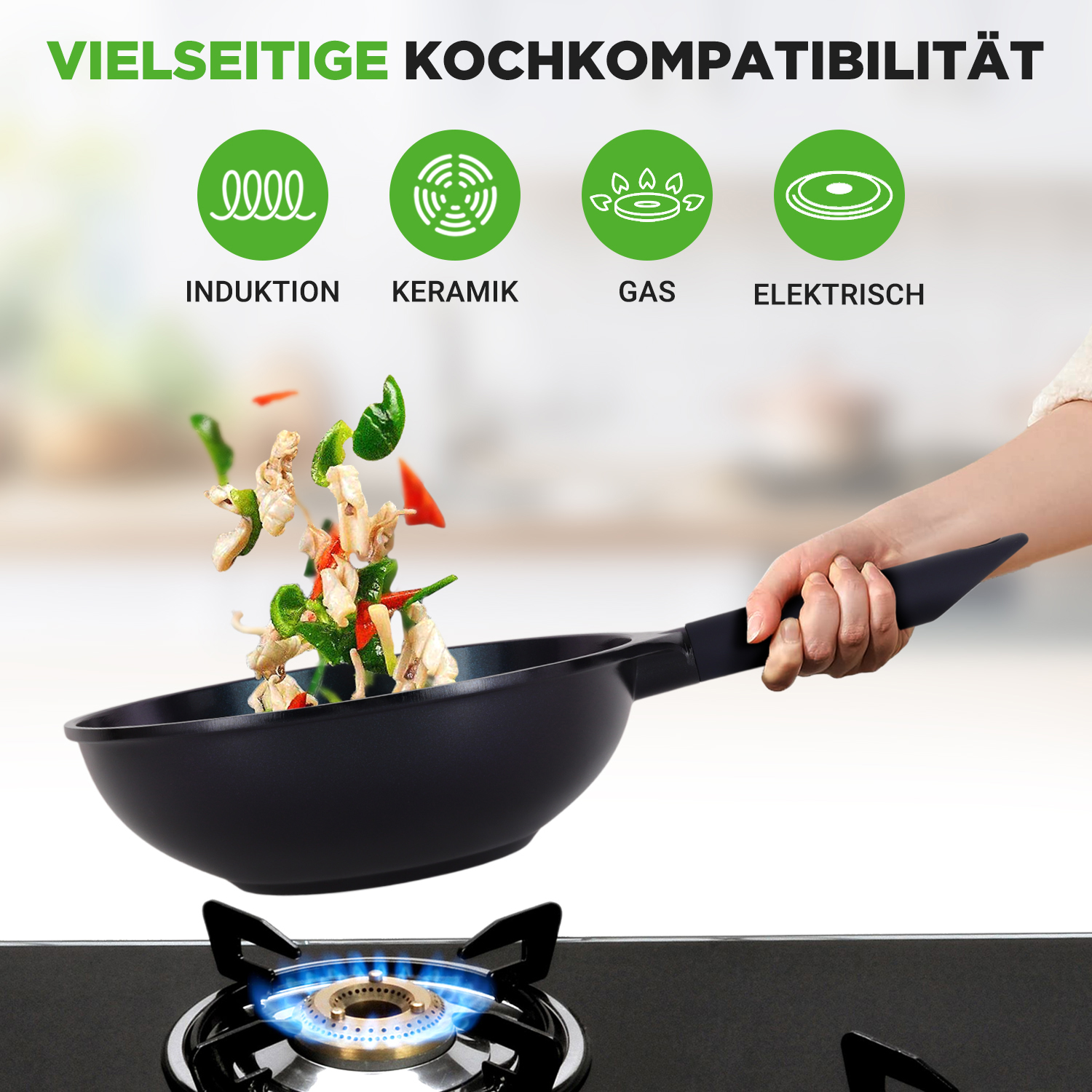 Pfanne mit gebratenem Essen über Gasherd. Kochkompatibilitätssymbole oben.