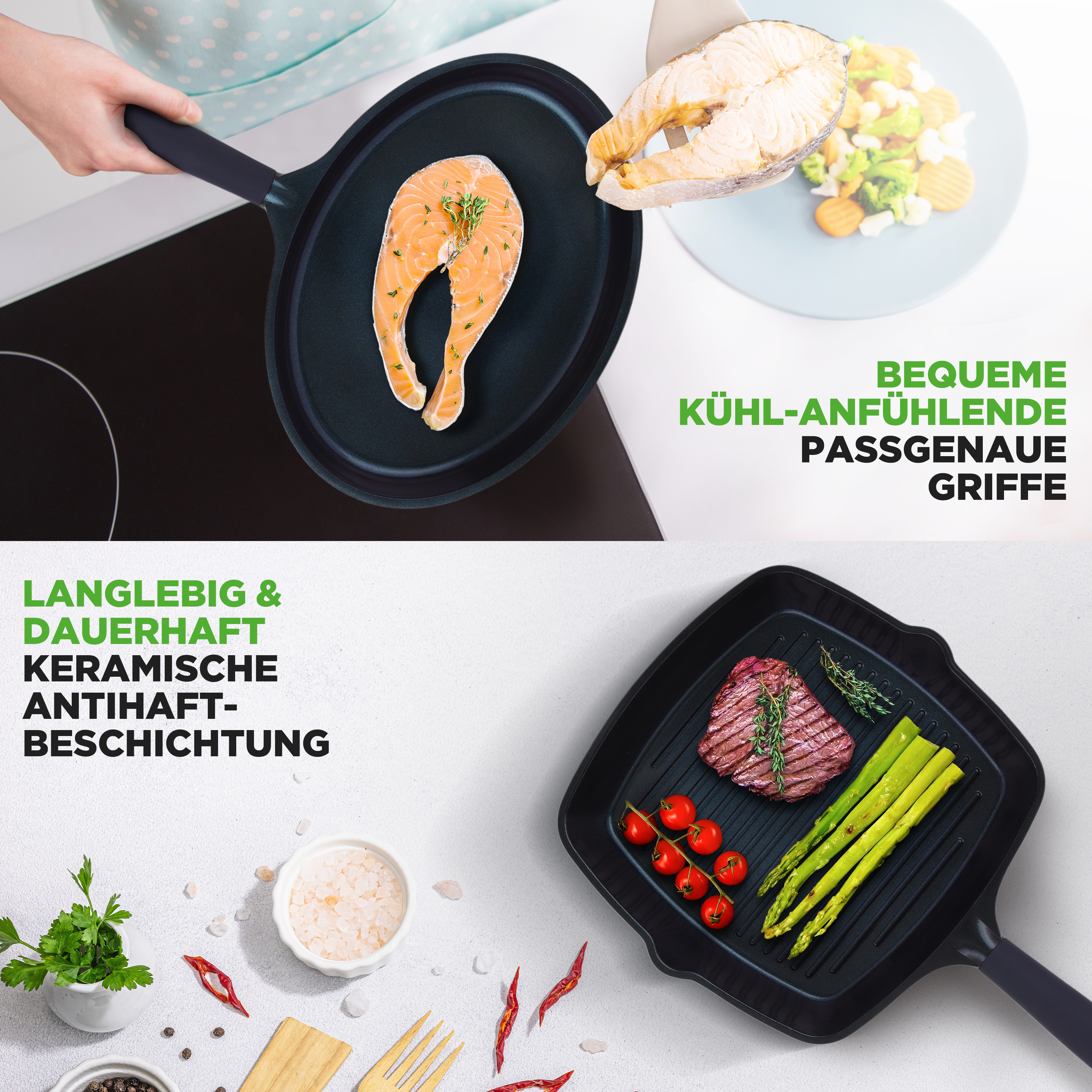 Eine Hand hält einen Pfannengriff. Daneben Lachs in einer Pfanne und auf einem Teller mit Gemüse.