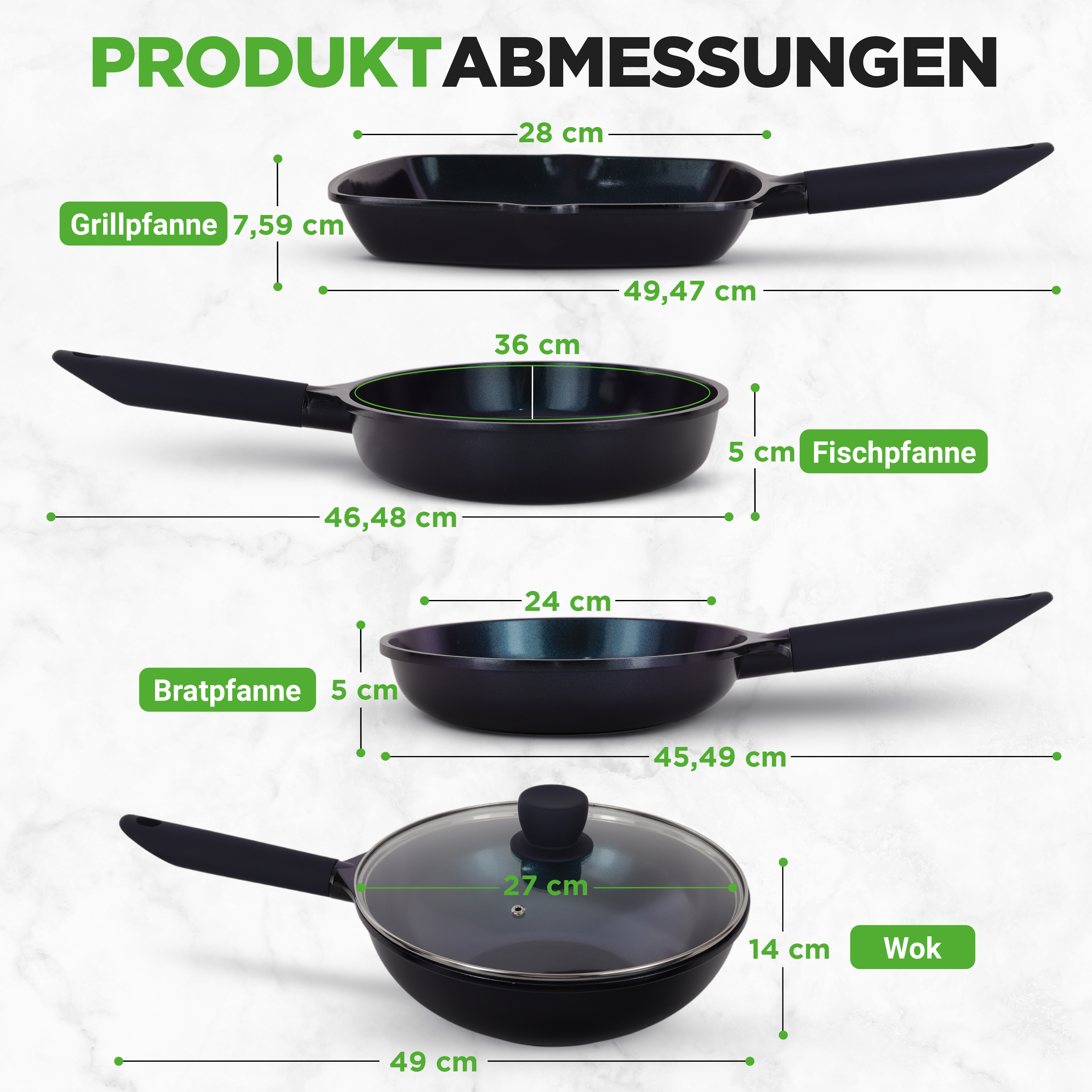 Vier schwarze Pfannen mit gezeigten Maßen: Grillpfanne, Fischpfanne, Bratpfanne, Wok.