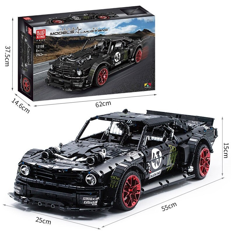 Czarny model samochodu Ford Mustang z czerwonymi felgami. Obok pudełko.