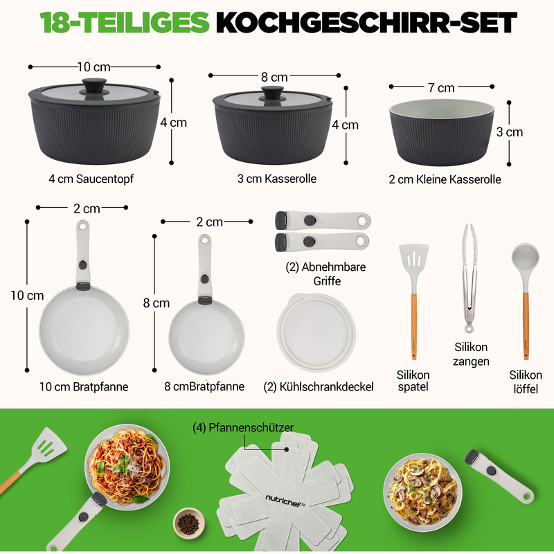18-teiliges Kochgeschirr-Set mit Töpfen, Pfannen, Griffen, Deckeln, Zangen, Spatel und Löffel.
