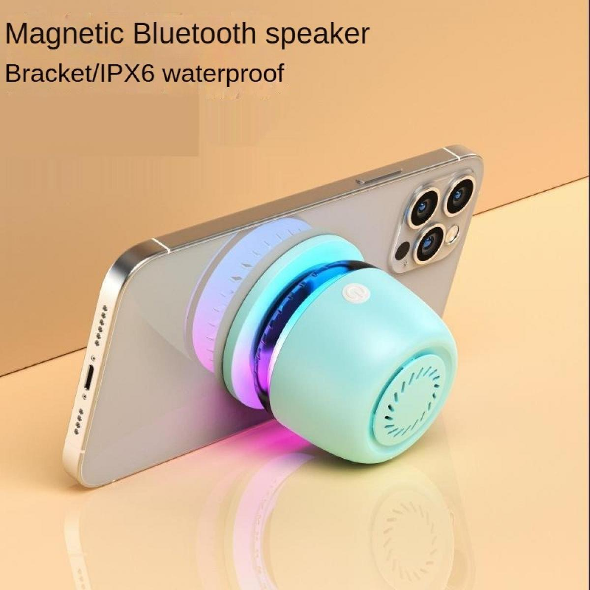 Ein hellblau kleiner magnetischer Bluetooth-Lautsprecher mit LED-Lichtern wird an einem Smartphone befestigt.