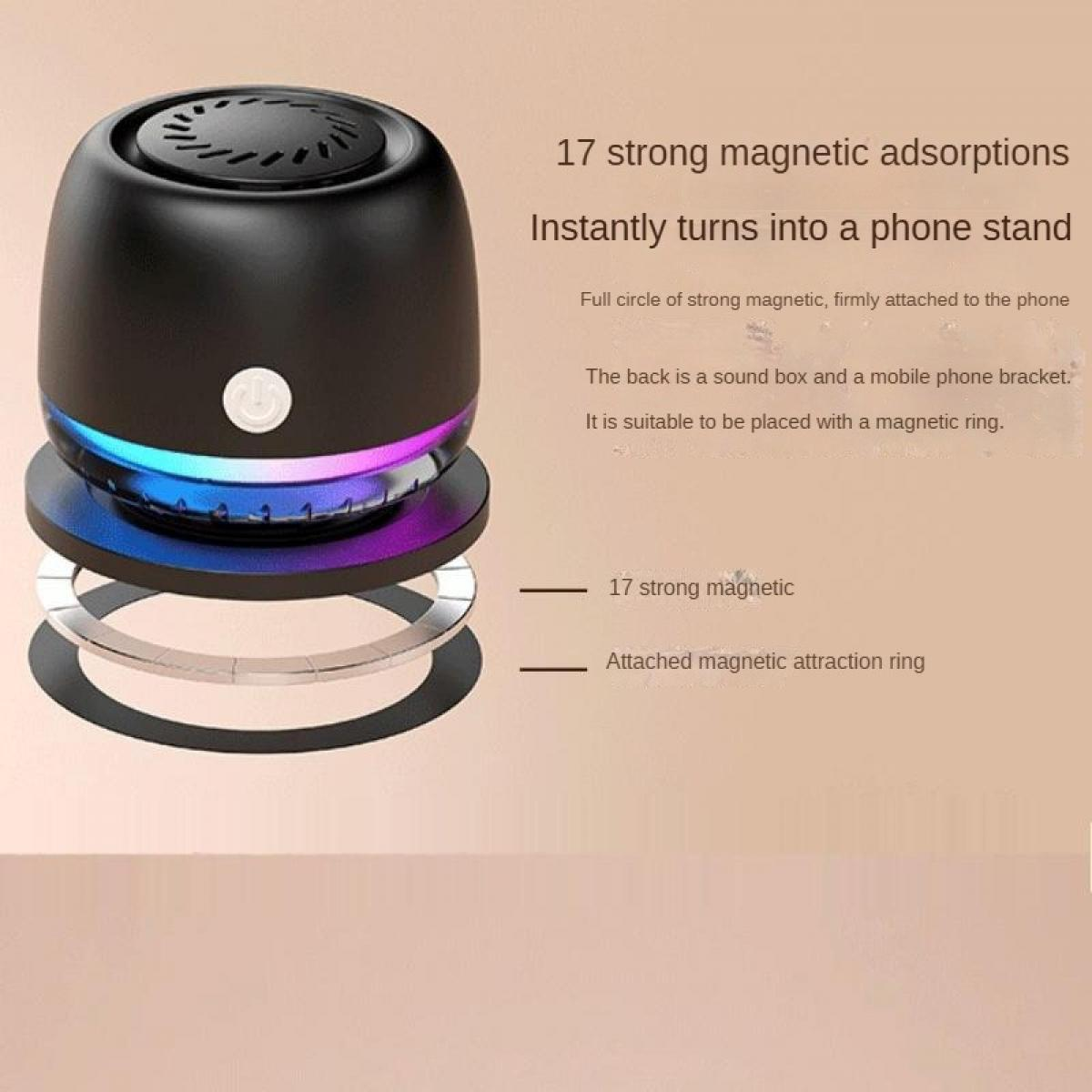 Schwarzer magnetischer Lautsprecher mit buntem LED-Ring, dient als Handyhalterung.