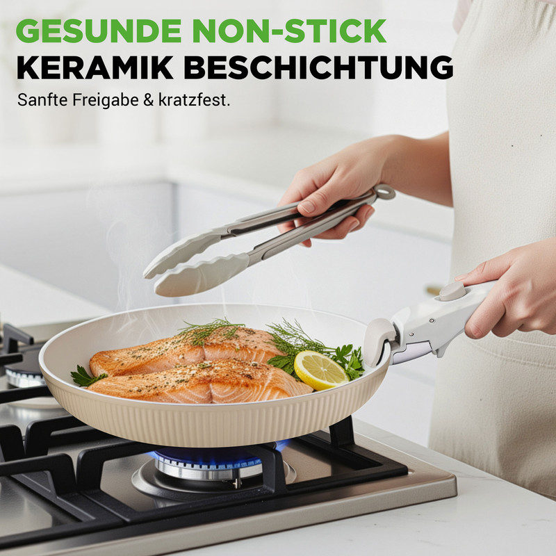 Zwei Lachsfilets mit Zitrone und Dill in einer Pfanne auf einem Gasherd.