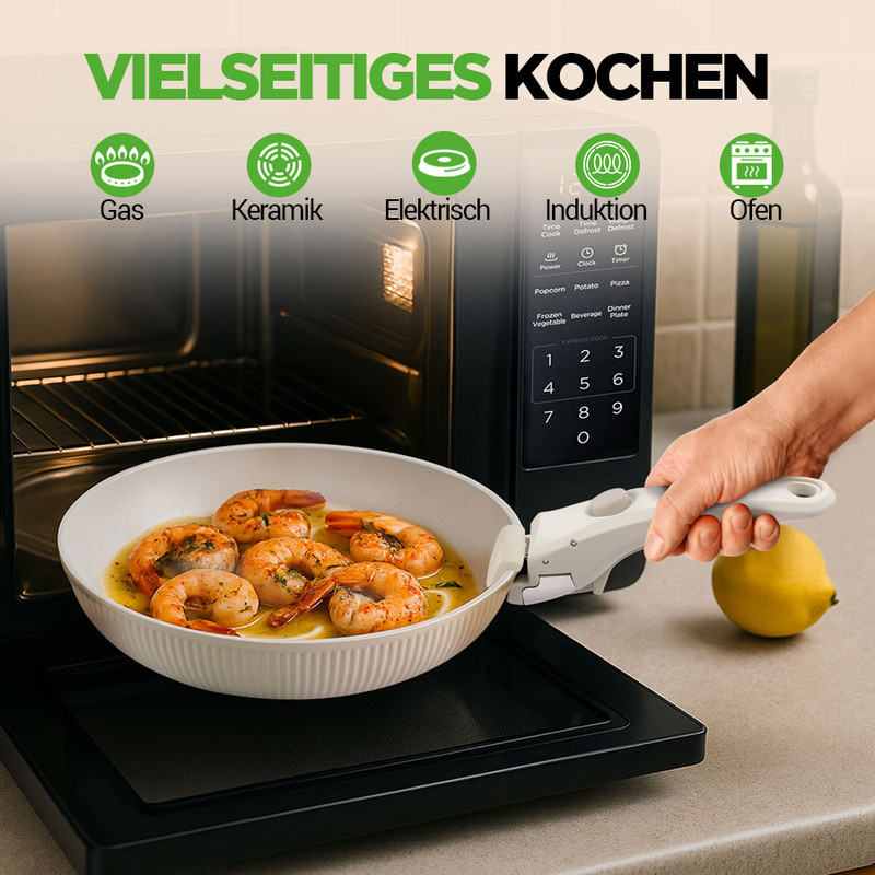 Eine Hand nimmt eine Schüssel mit Garnelen aus einem Multifunktions-Ofen.
