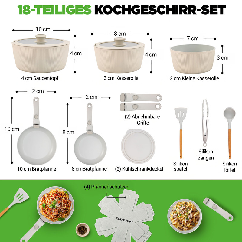 Set mit 18 Kochgeschirrteilen: Töpfe, Pfannen, Griffe, Deckel, Zangen, Spatel, Löffel, Pfannenschützer.