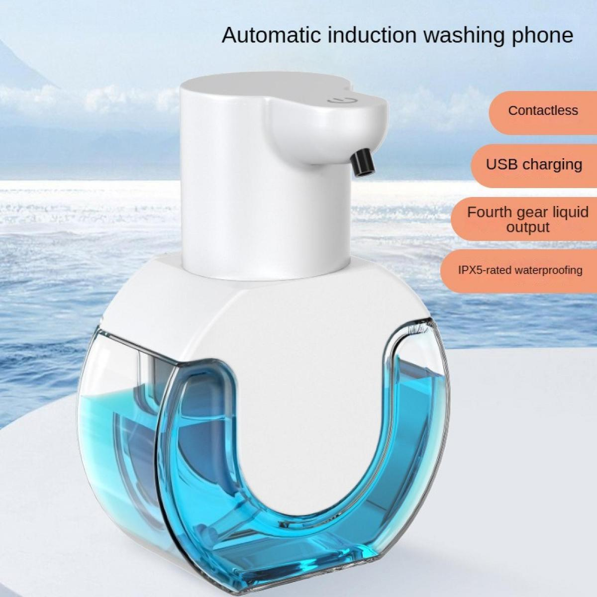 Weißer automatischer Seifenspender mit blauer Flüssigkeit, kontaktlos, USB-Aufladung.