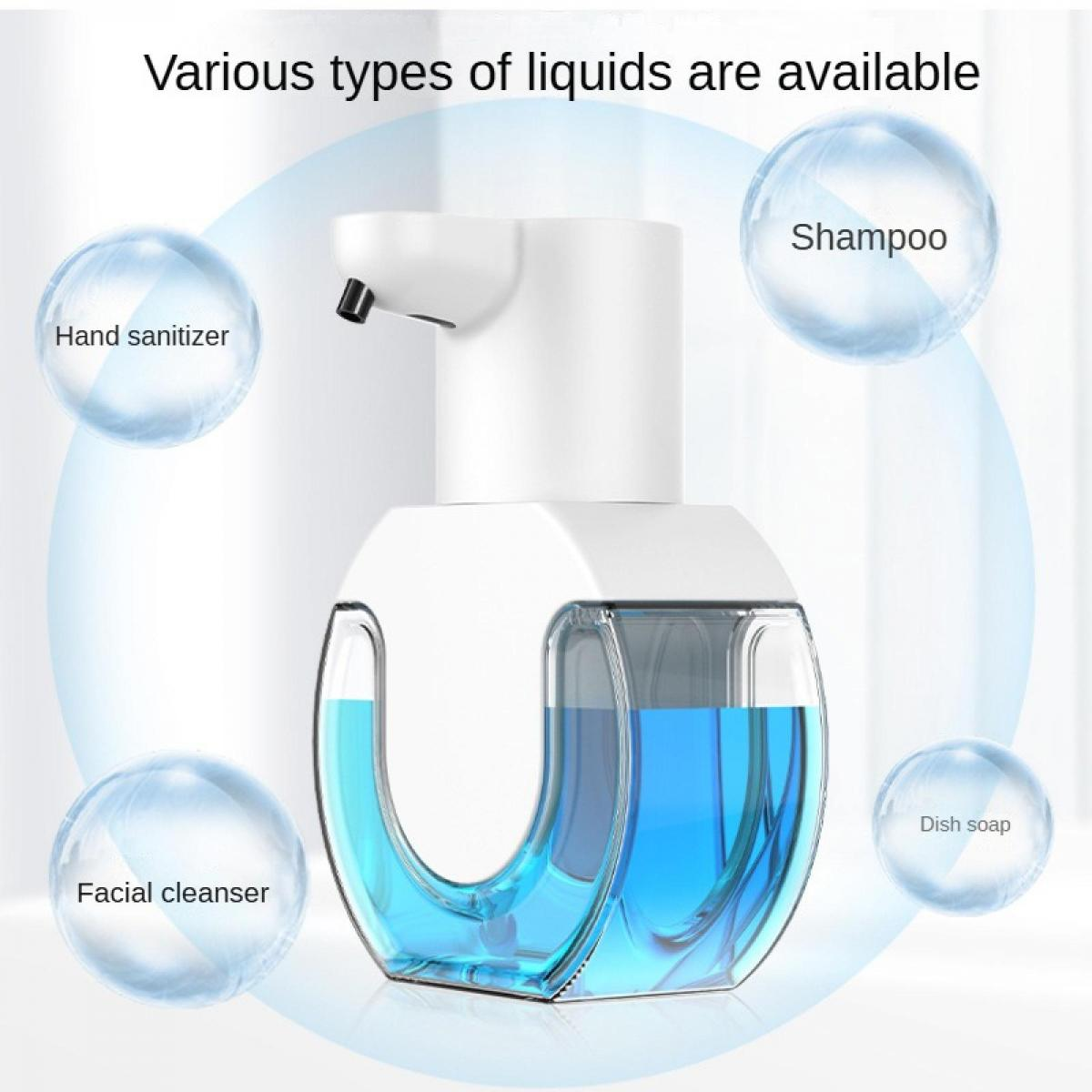 Automatischer Spender mit blauem flüssigem Inhalt, beschriftet mit Handdesinfektionsmittel, Shampoo, Gesichtsreiniger, Spülmittel.
