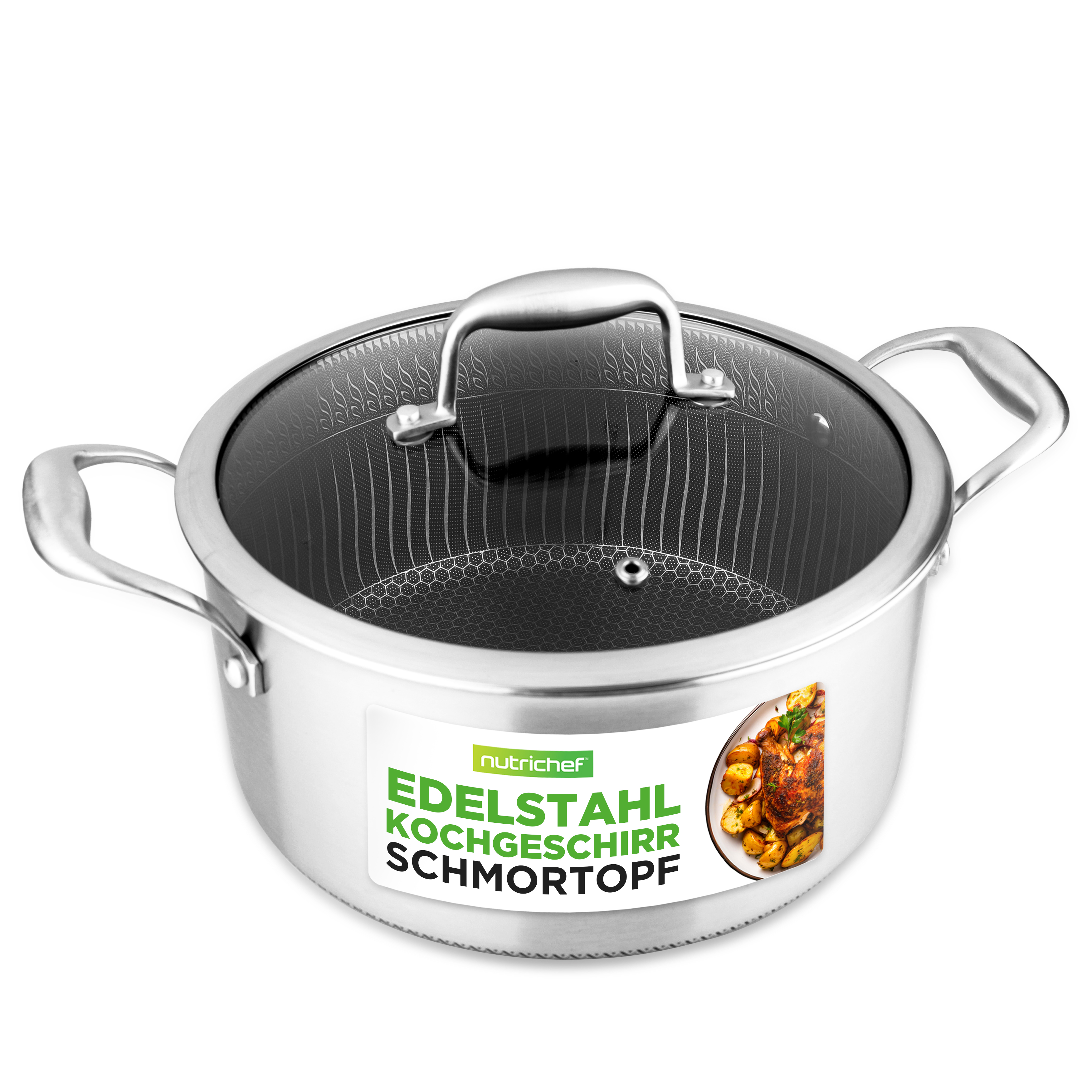 Ein silberner Kochtopf mit Glasdeckel und Griffen, mit Aufkleber für Brathähnchen.