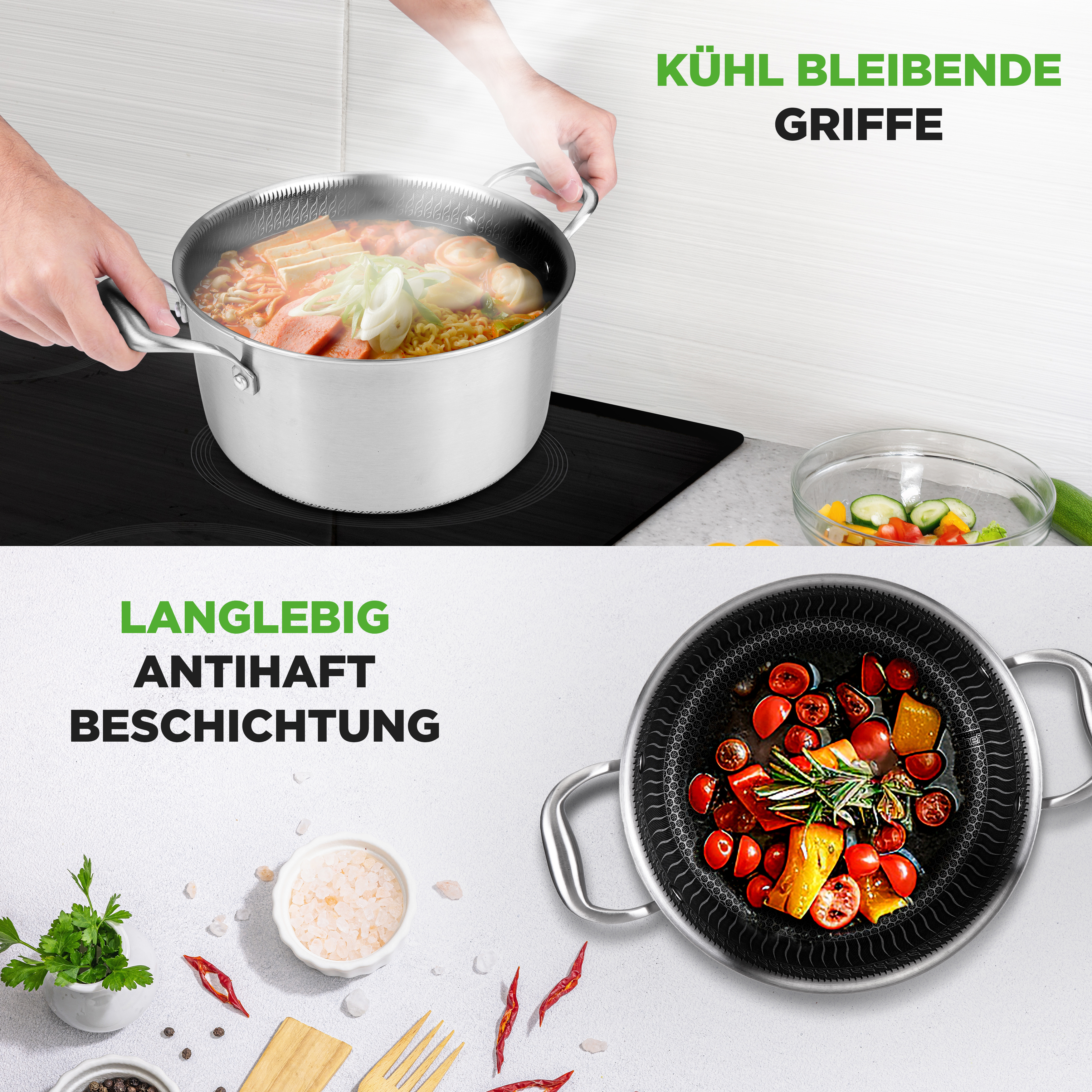 Kochtopf mit dampfendem Essen, daneben Schüssel mit Gemüse und Gewürzen.