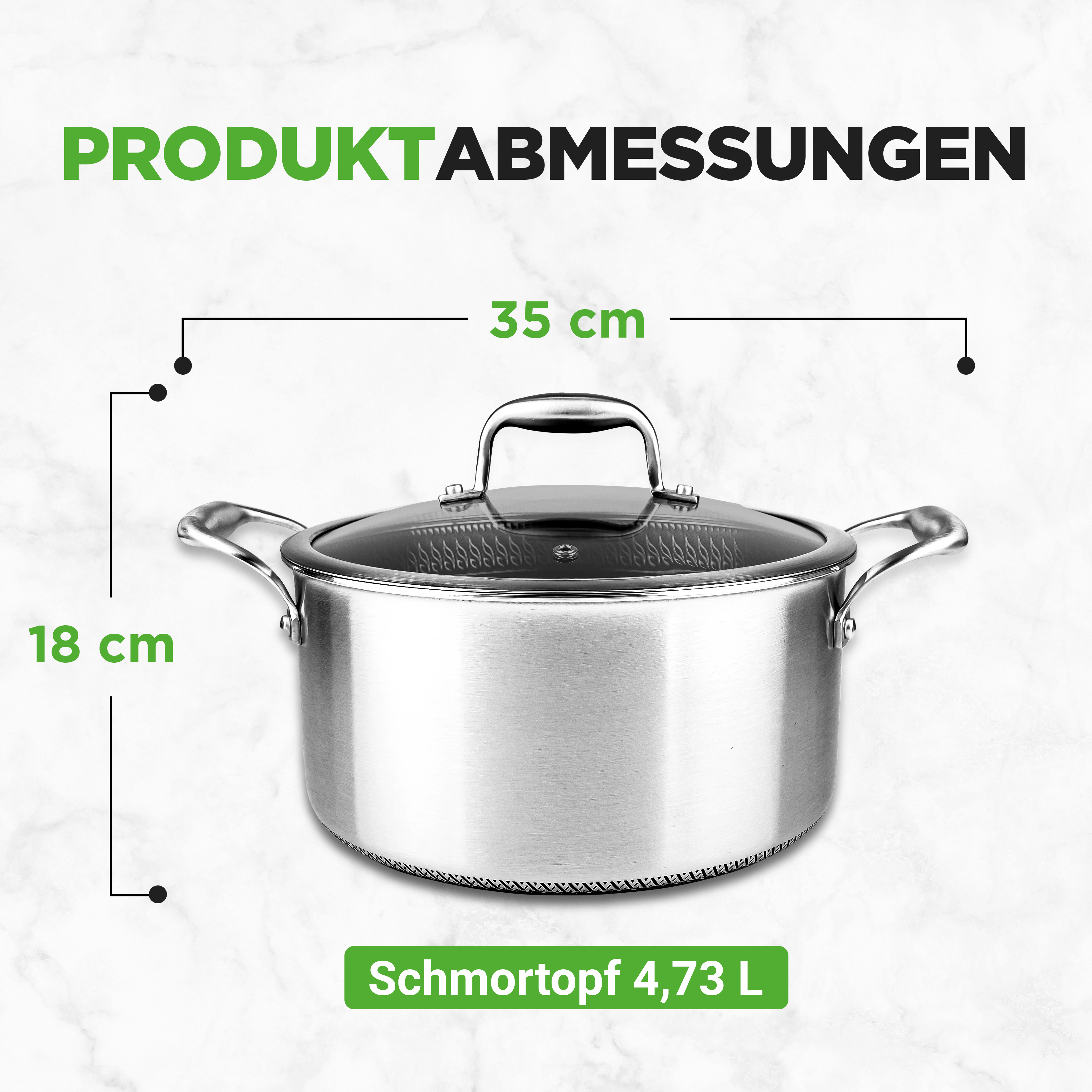 Edelstahltopf 35 cm breit, 18 cm hoch, 4,73 L Fassungsvermögen.