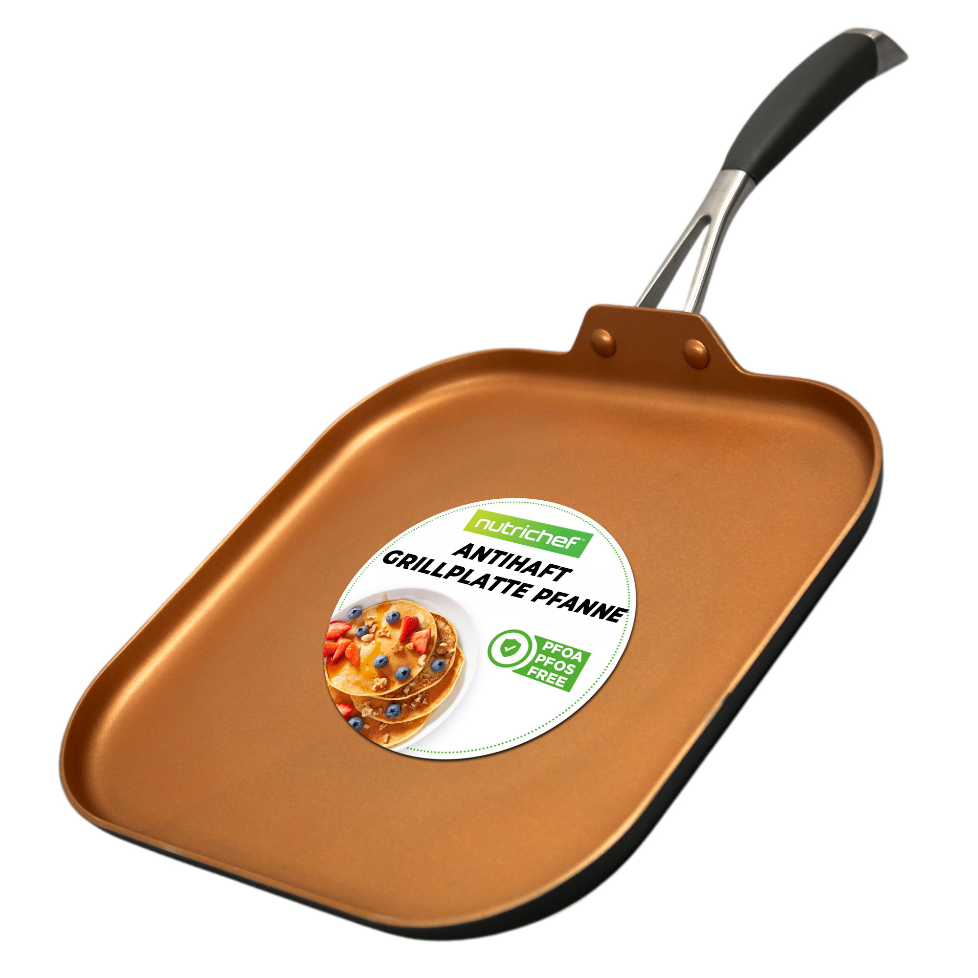 Eine kupferfarbene Grillplatte mit schwarzem Griff und einem Etikett, das Pfannkuchen zeigt.