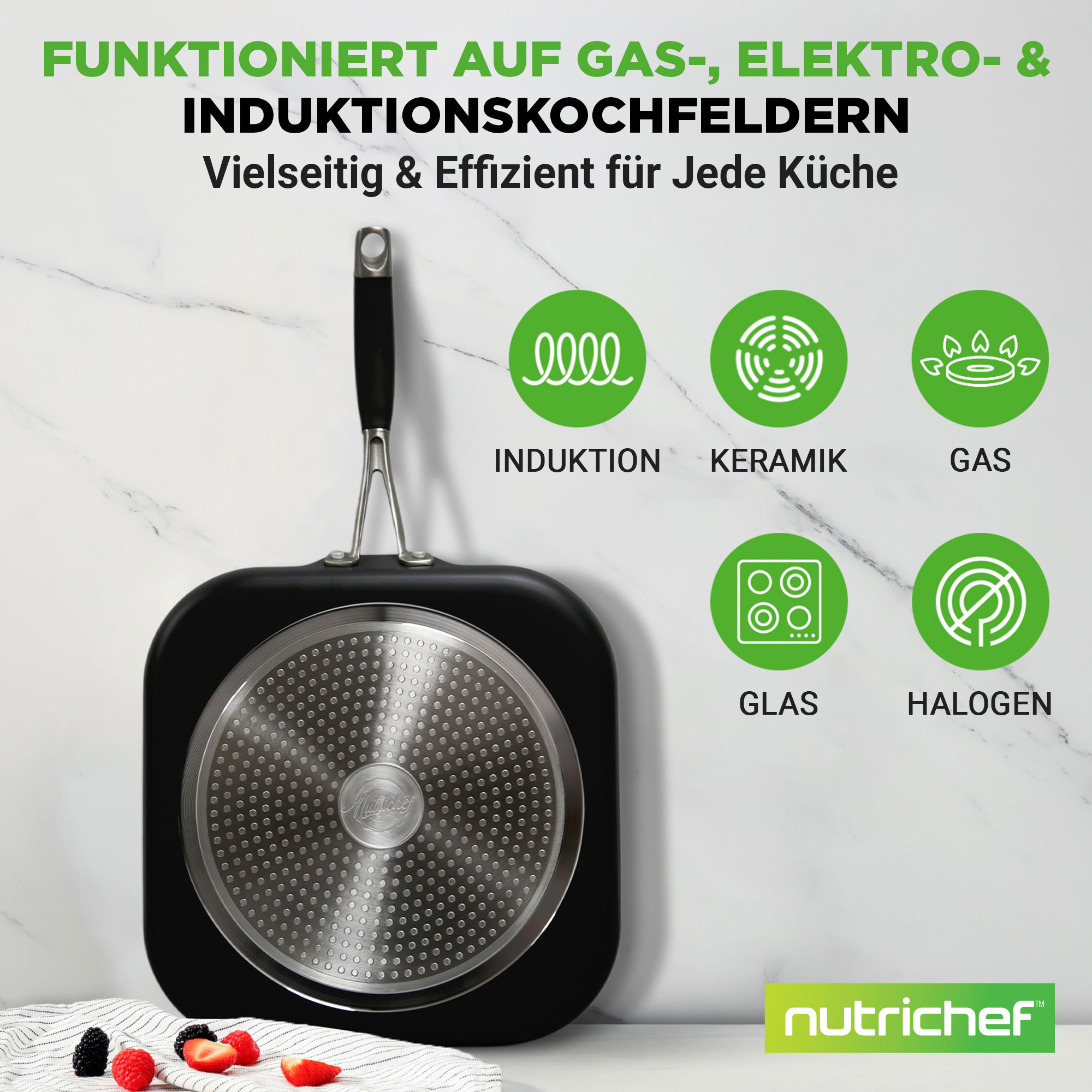 Eine schwarze Pfanne mit Kochfeldsymbolen für Induktion, Keramik, Gas, Glas und Halogen.