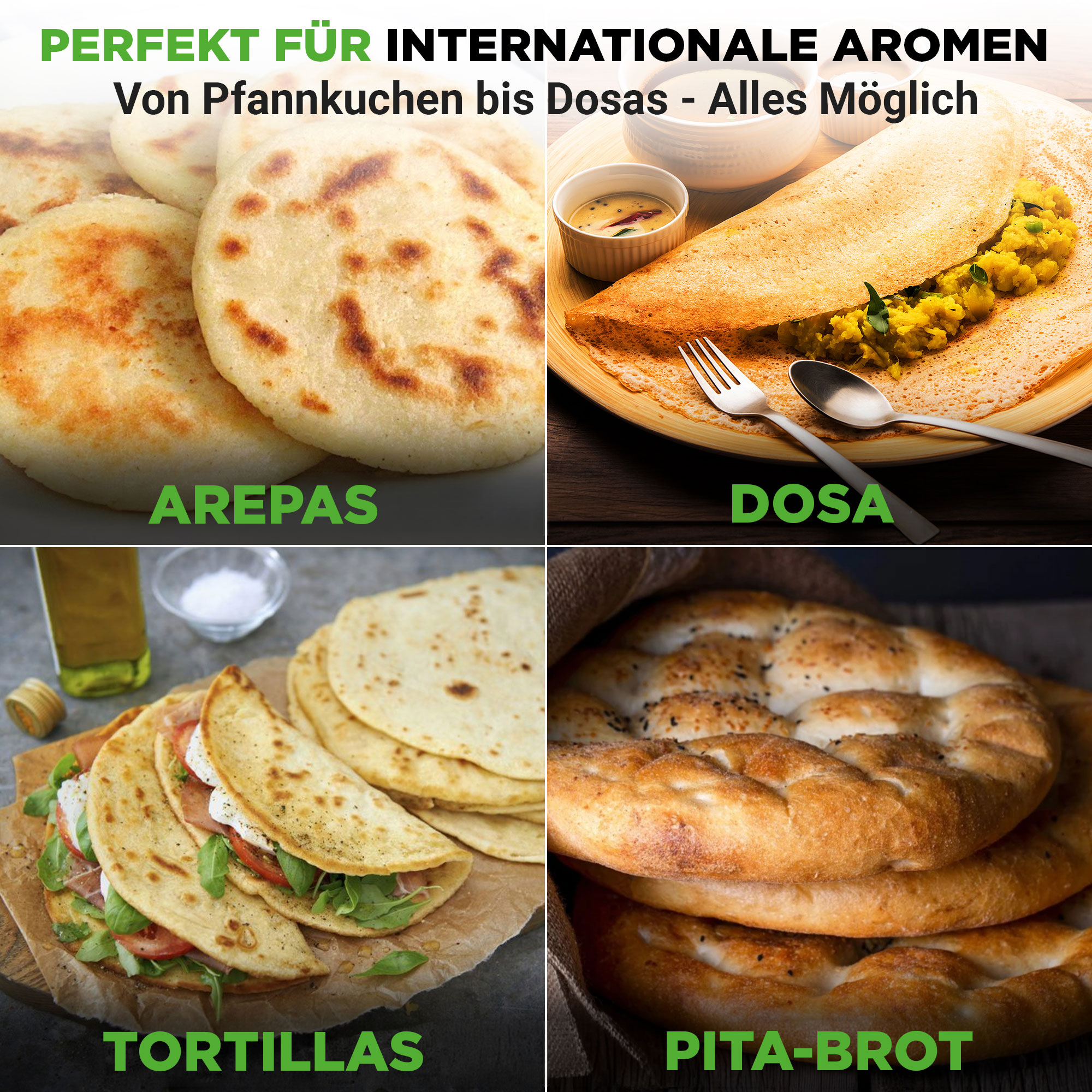 Vier Arten von Fladenbrot: Arepas, Dosa, Tortillas und Pita-Brot.