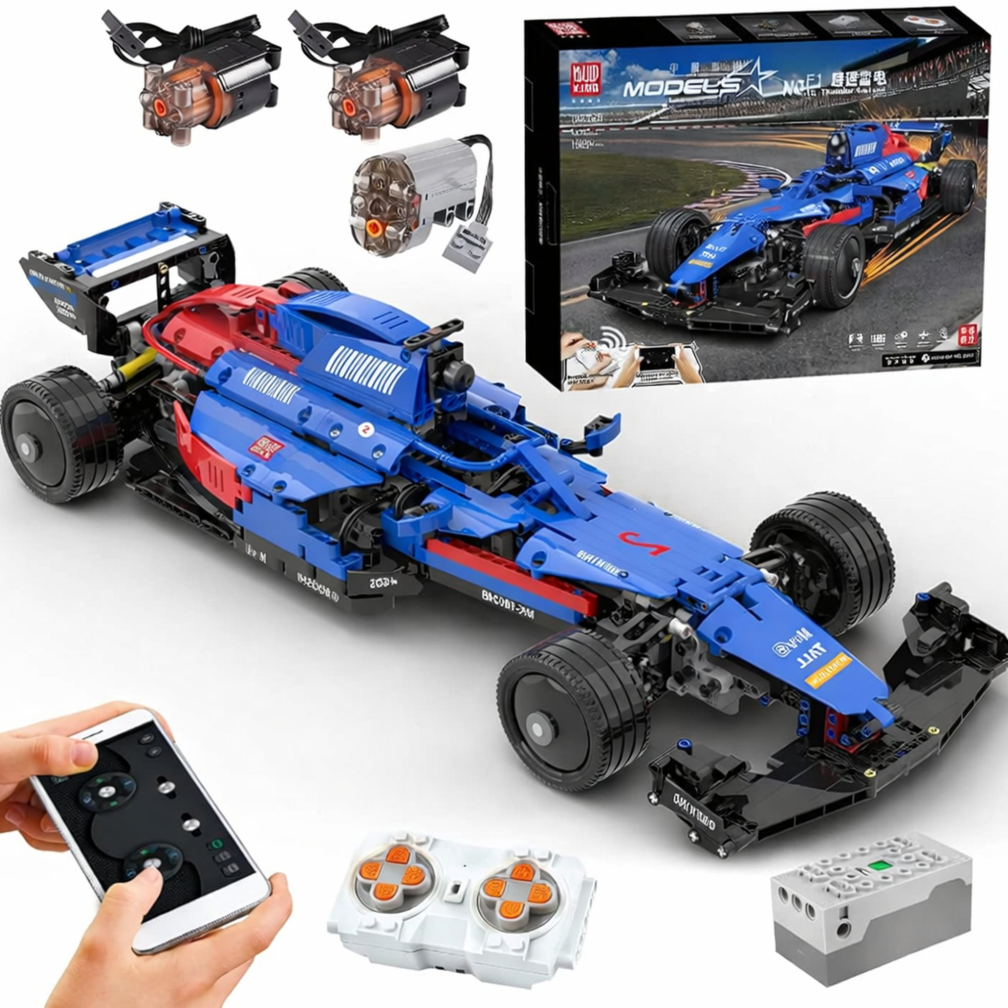 Niebiesko-czerwony samochód wyścigowy Lego z pilotami i silnikami.