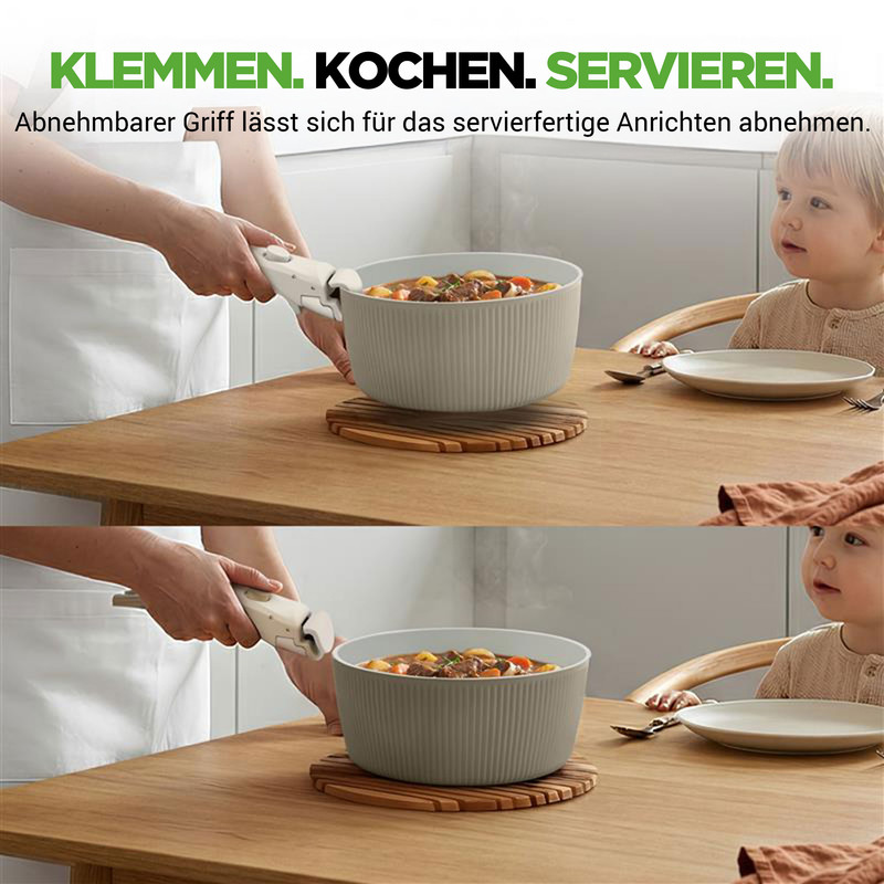 Ein abnehmbarer Griff hält einen Topf mit Essen. Ein Kind sitzt am Tisch.