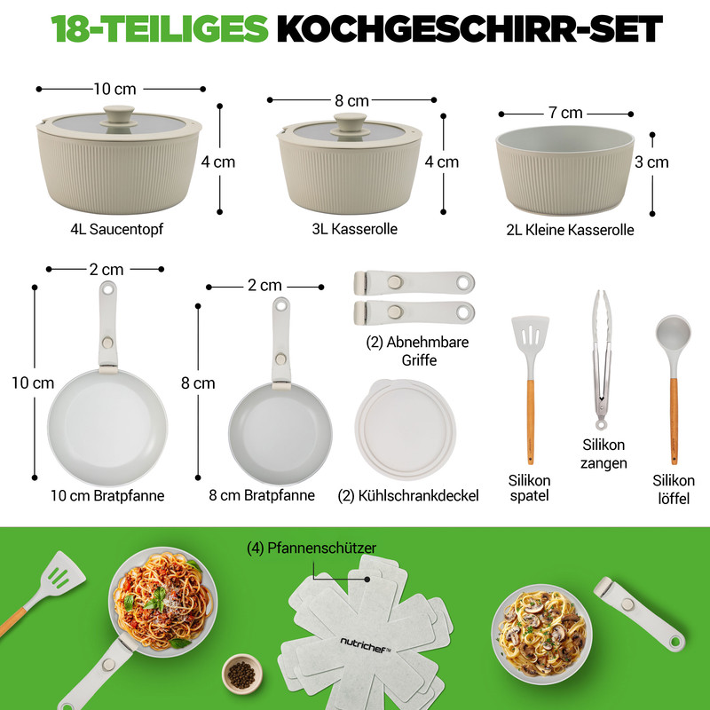 Ein 18-teiliges Kochgeschirr-Set mit Töpfen, Pfannen, Griffen, Deckeln und Utensilien.