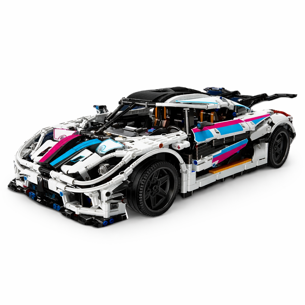 Biały model samochodu sportowego Lego z niebieskimi i różowymi paskami na białym tle.