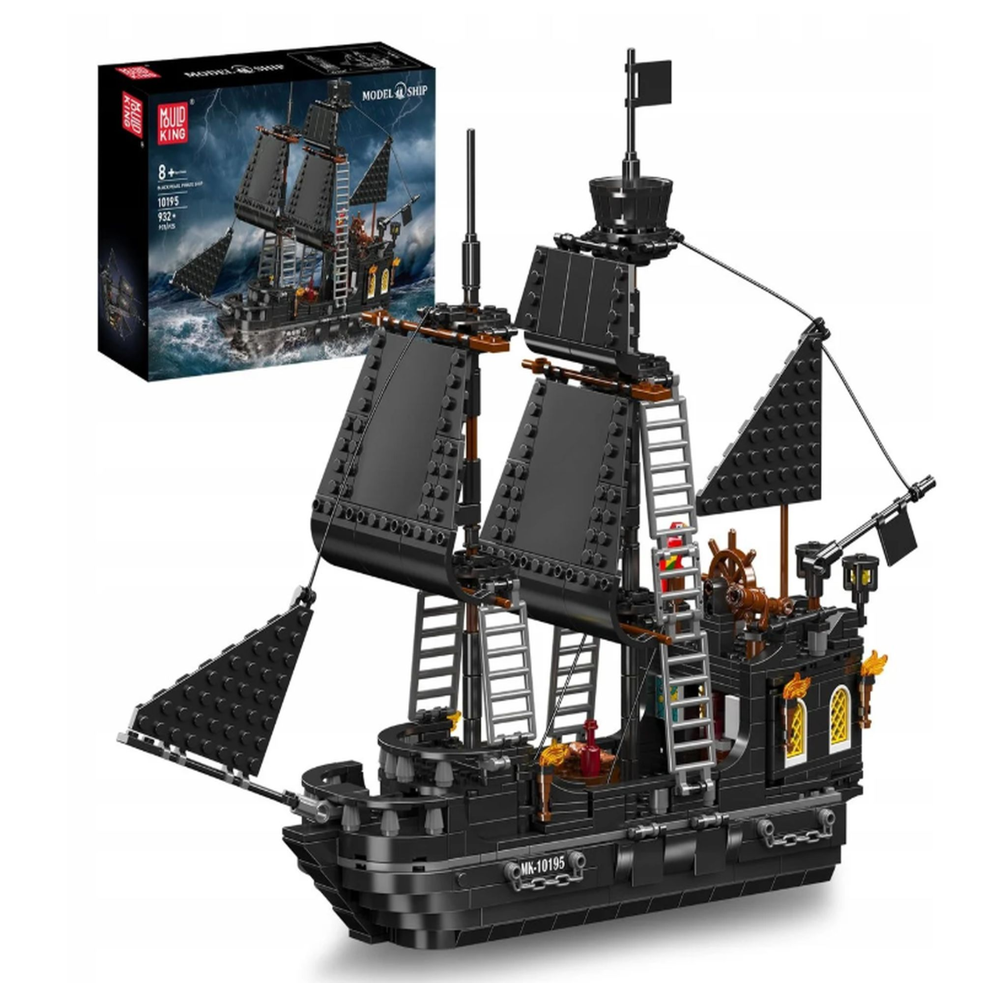 Czarny statek piracki Lego z czarnymi żaglami i drabinami.