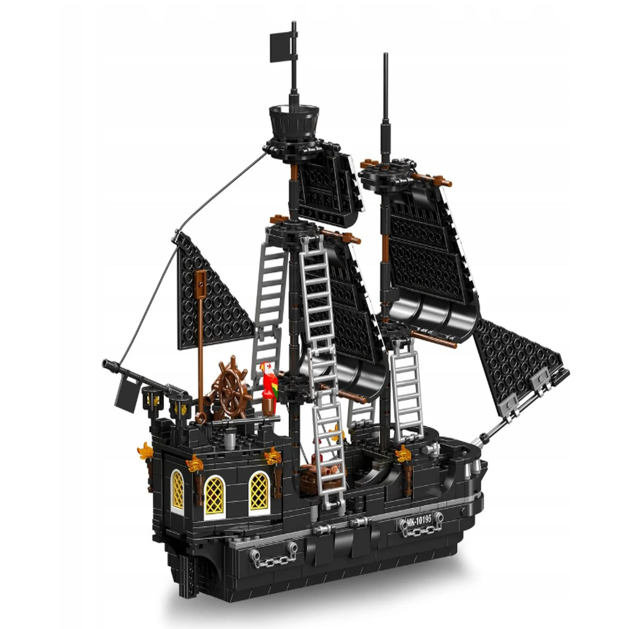 Czarny statek piracki Lego z czarnymi żaglami, drabinami i sterem.