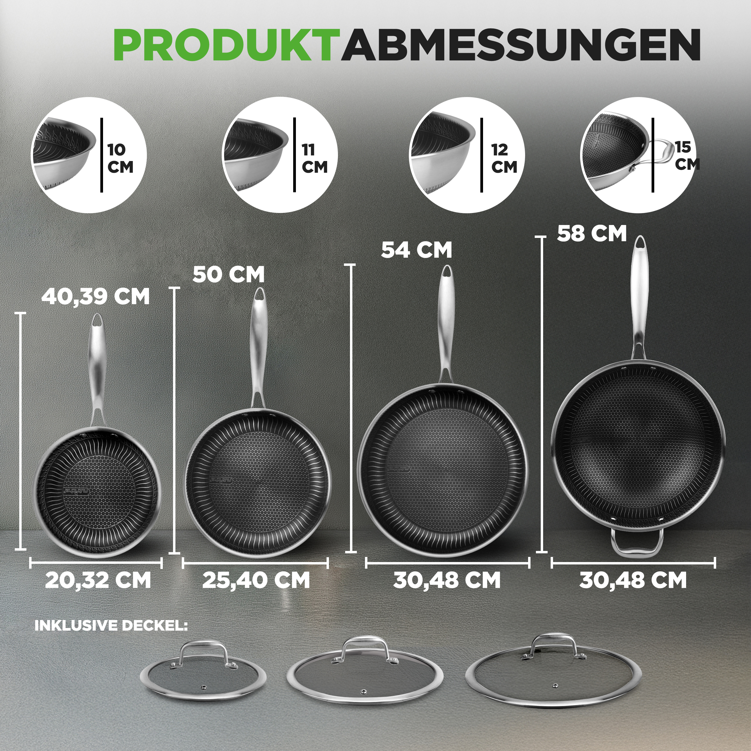 Produktabmessungen: Vier Pfannen und drei Glasdeckel mit Maßen von 10 cm bis 58 cm.