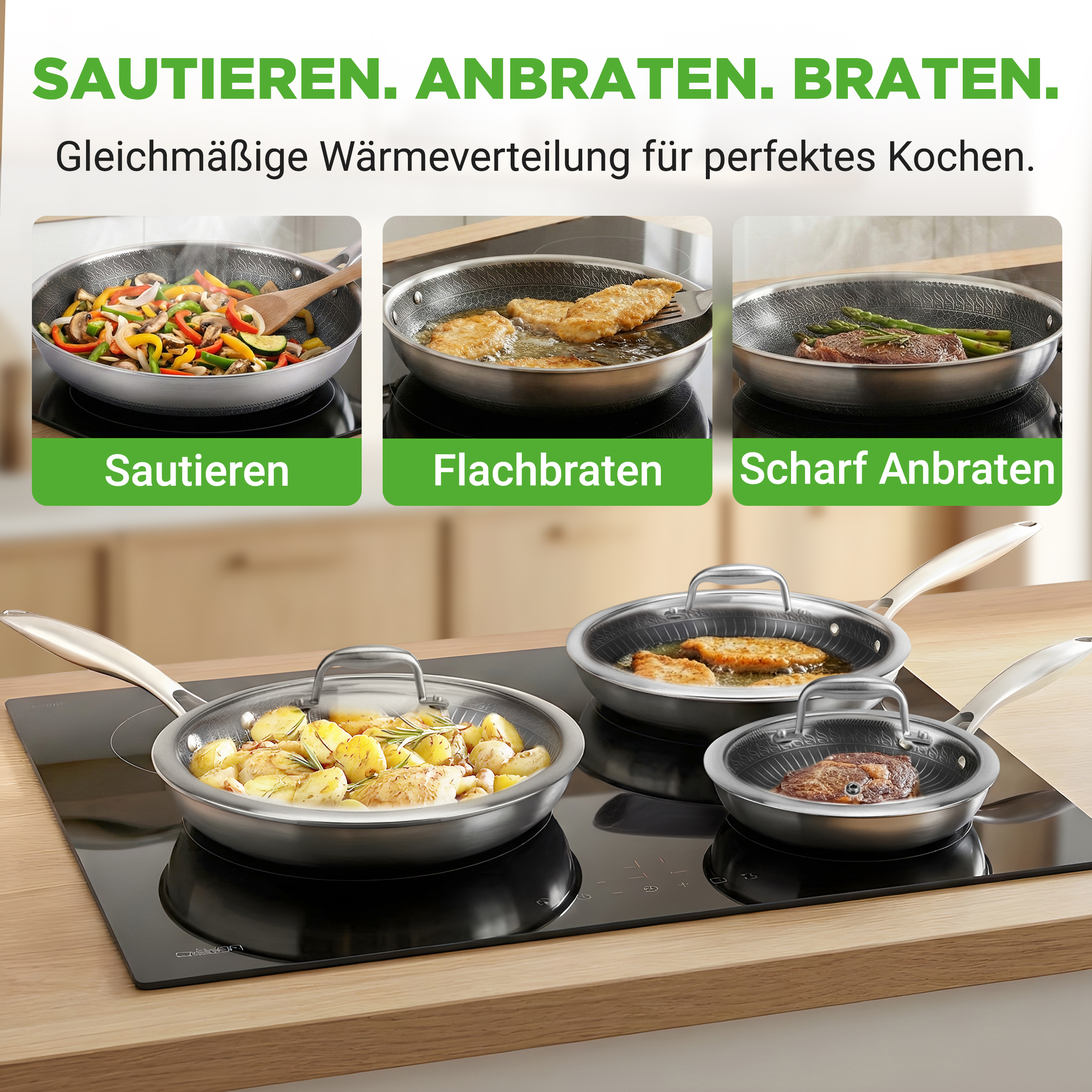 Drei Pfannen auf einem Induktionskochfeld: Gemüse sautieren, Fleisch flach braten, Steak scharf anbraten.