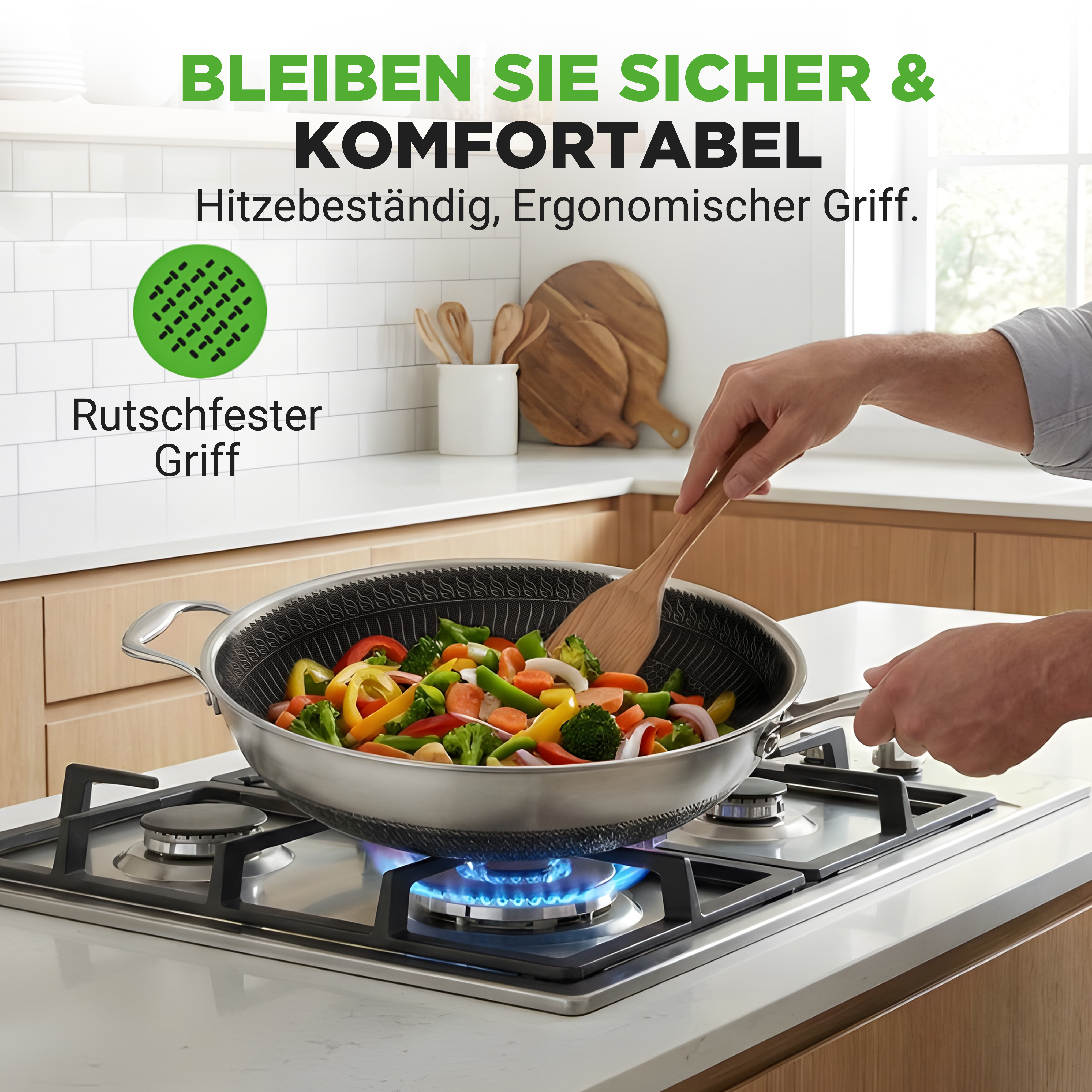 Ein Koch bereitet Gemüse in einem Wok auf einem Gasherd zu.
