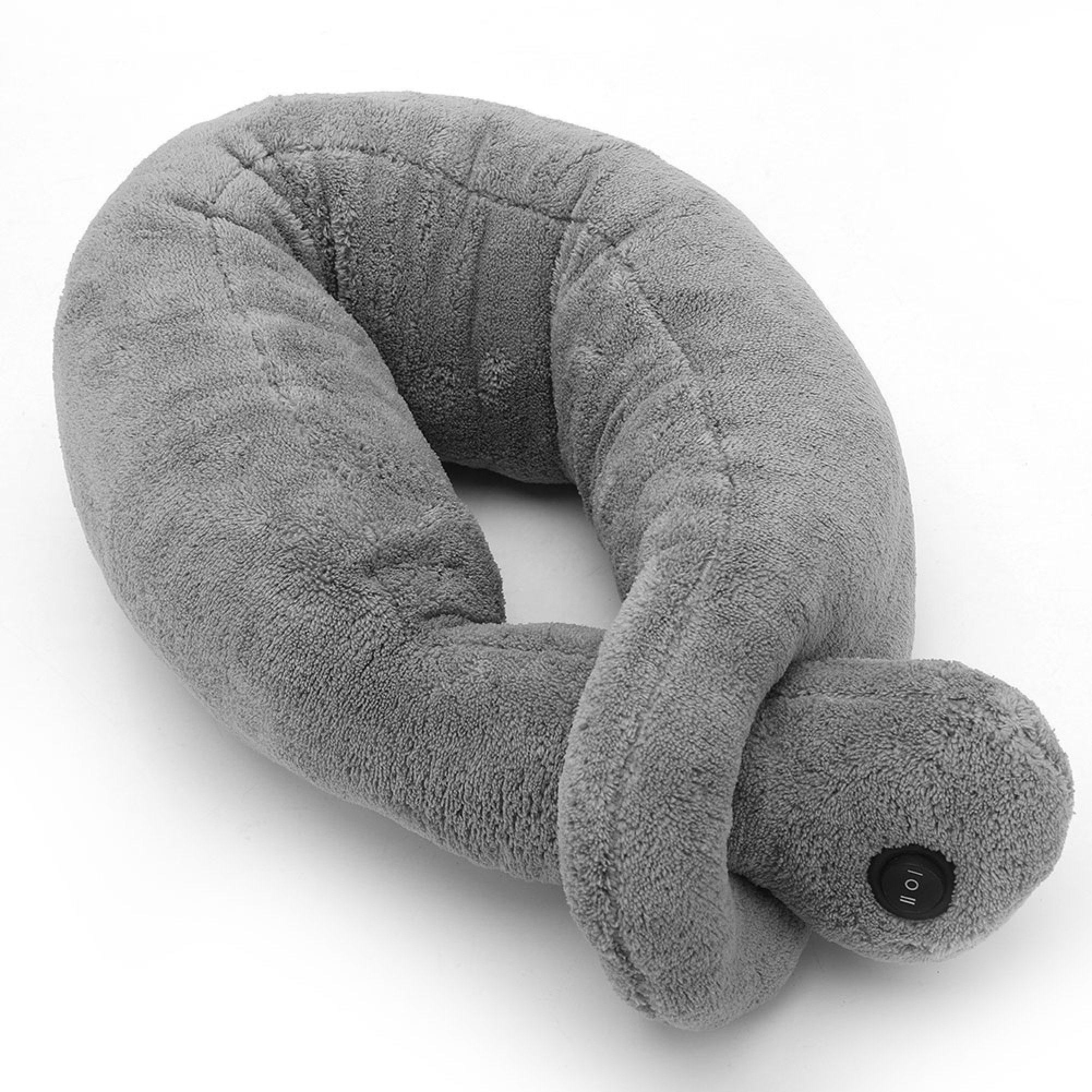 Graues Nackenkissen aus weichem Stoff mit Schalter.