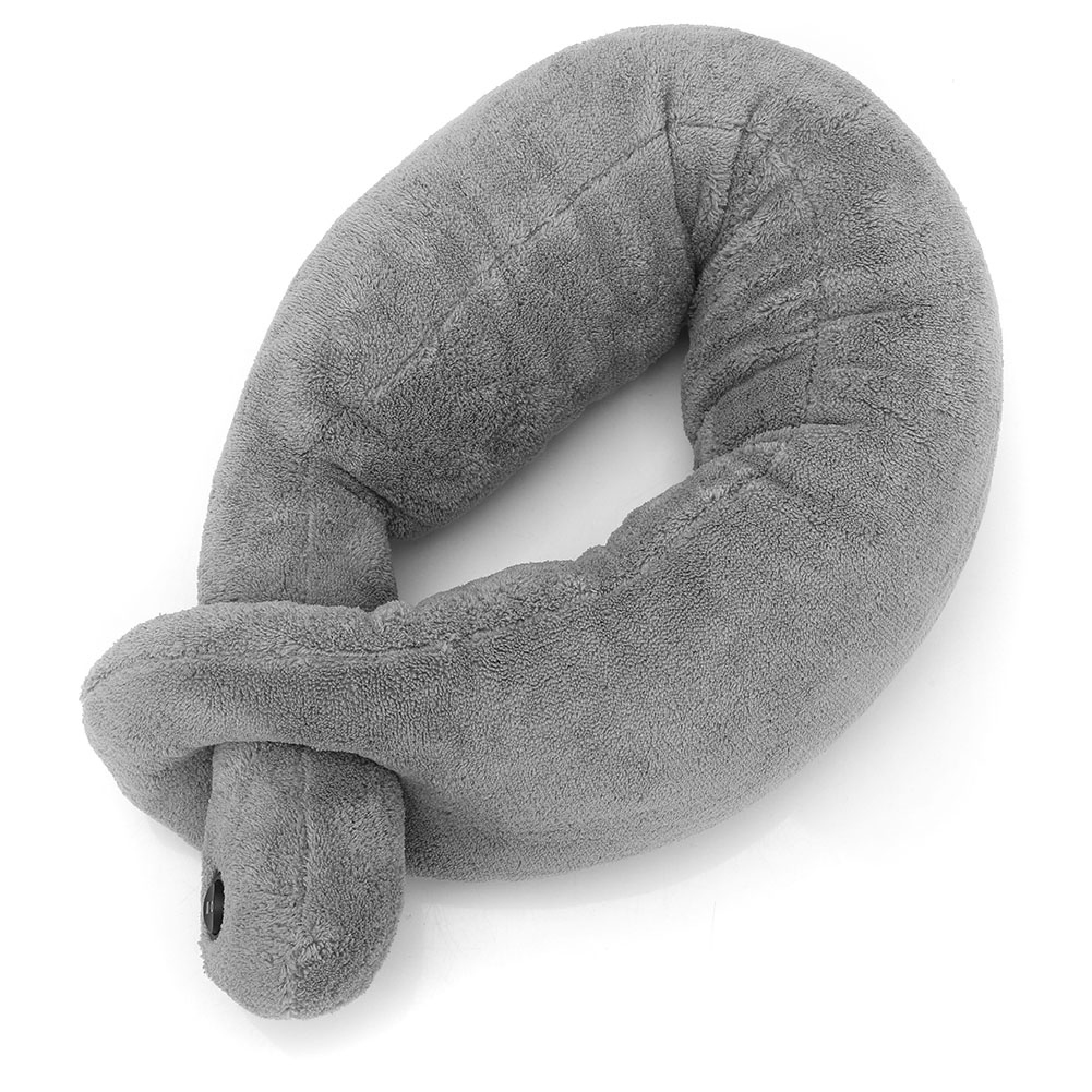 Graues Nackenkissen aus weichem Stoff, das wie eine Schlange geformt ist.