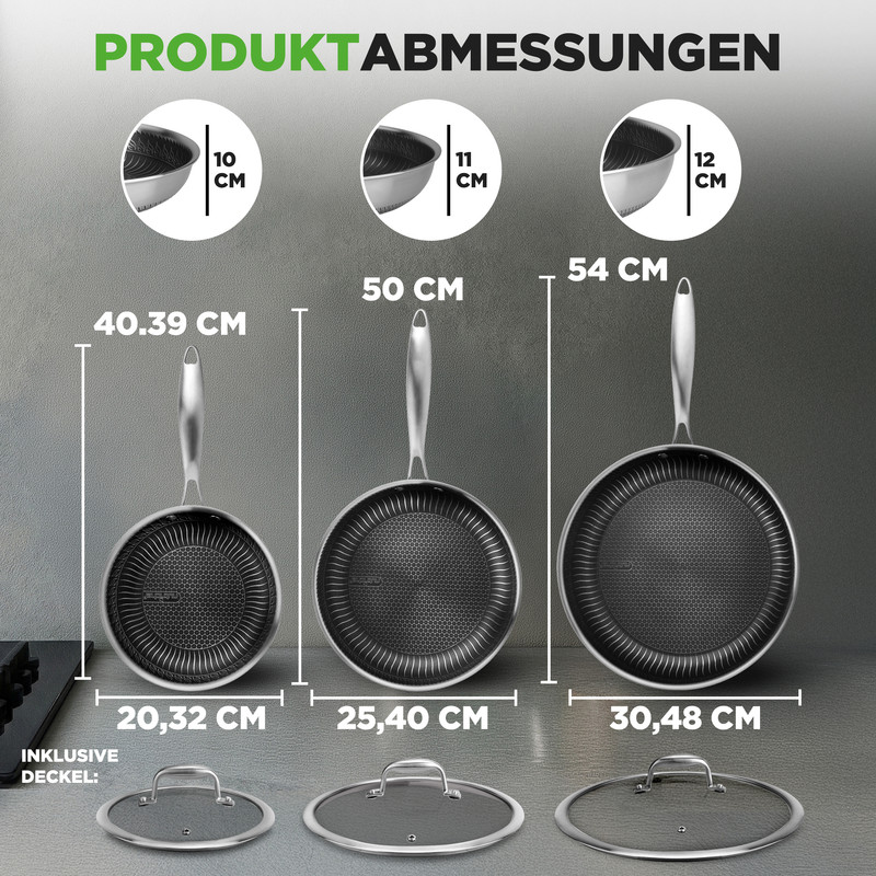 Drei Pfannen mit Deckeln in verschiedenen Größen, mit Maßen angezeigt.