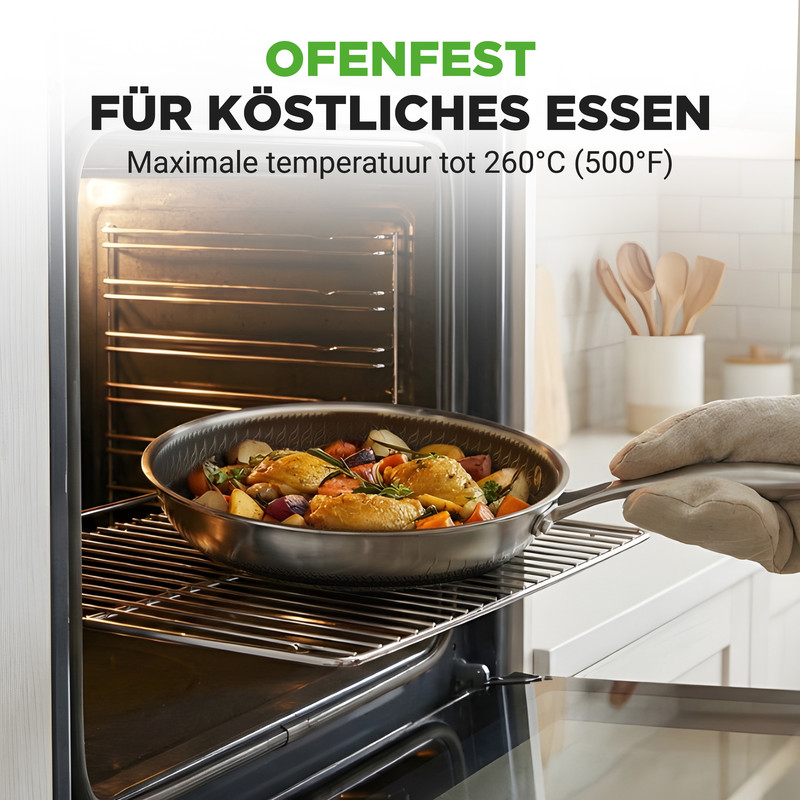 Ein Ofen mit einem Braten in einer Pfanne, bereit zum Servieren.