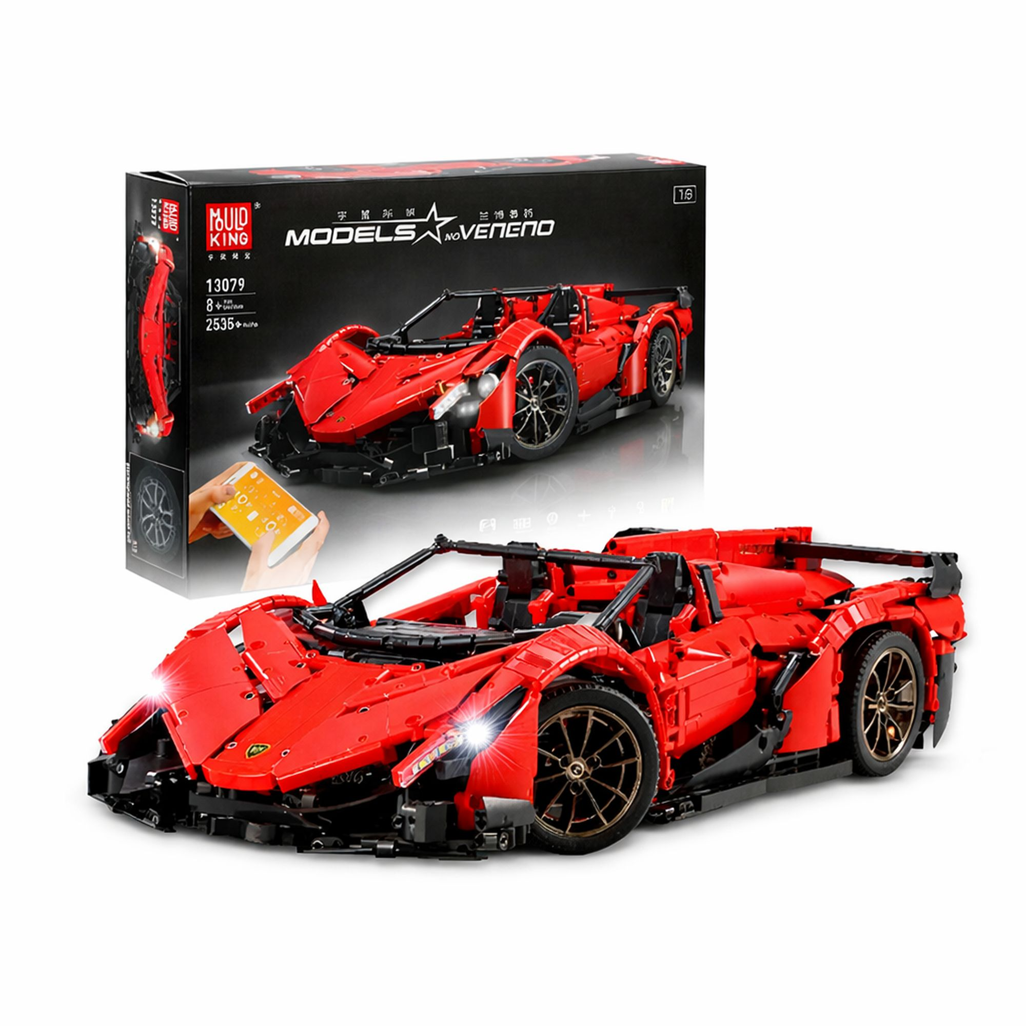 Czerwony model samochodu sportowego Lego z detalami kół i świateł.