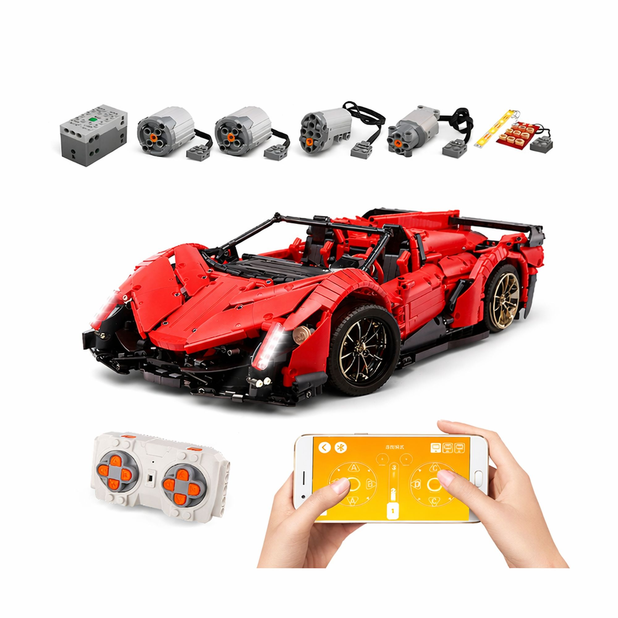 Czerwony samochód sportowy Lego z silnikami, pilotem i aplikacją.