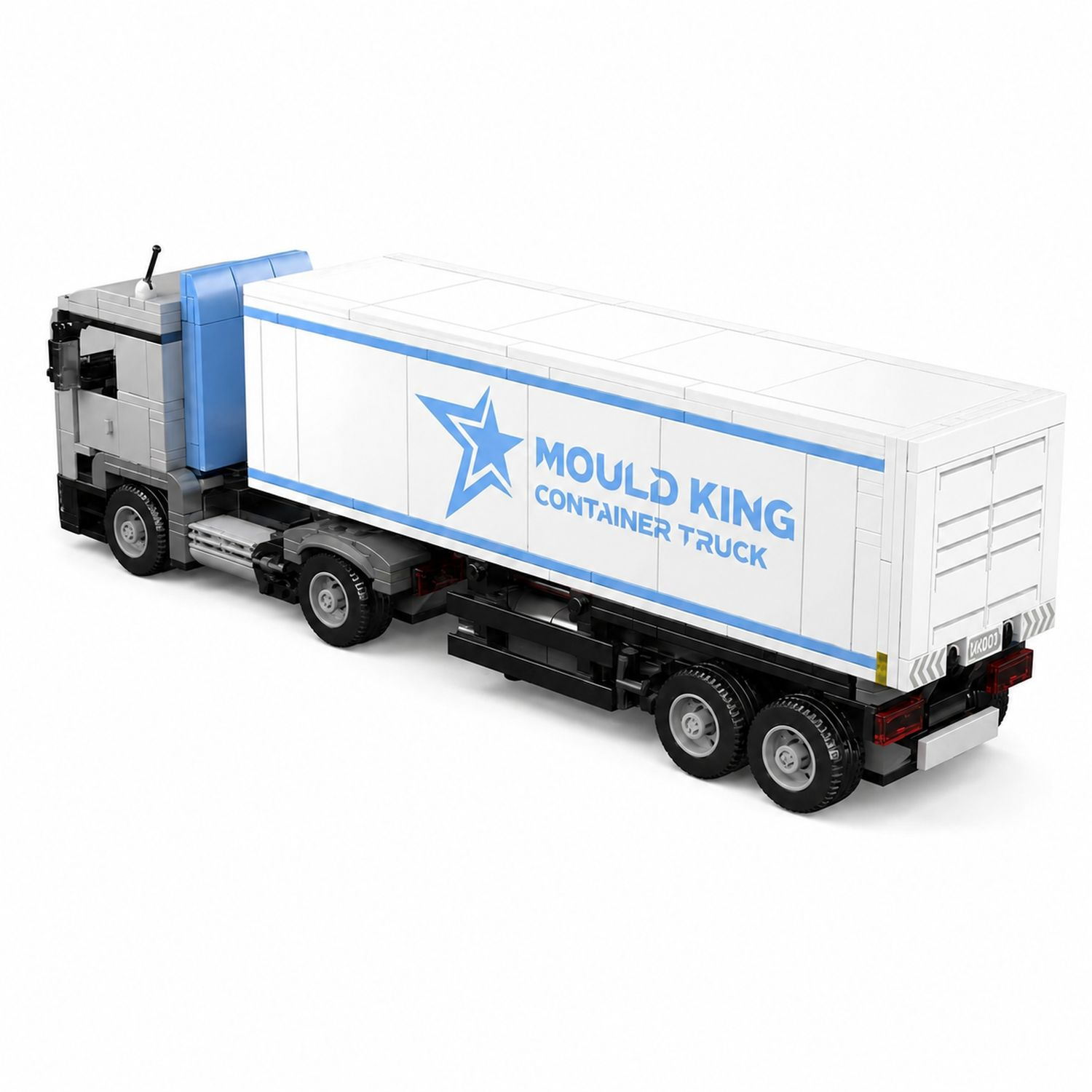 Szara i niebieska ciężarówka kontenerowa Lego z napisem 'MOULD KING CONTAINER TRUCK'.