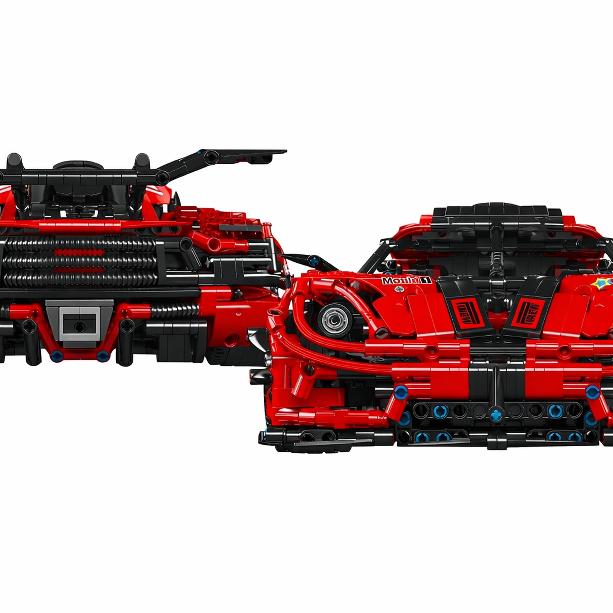 Czerwony samochód Lego Technic z czarnymi detalami i widocznymi elementami mechanicznymi.