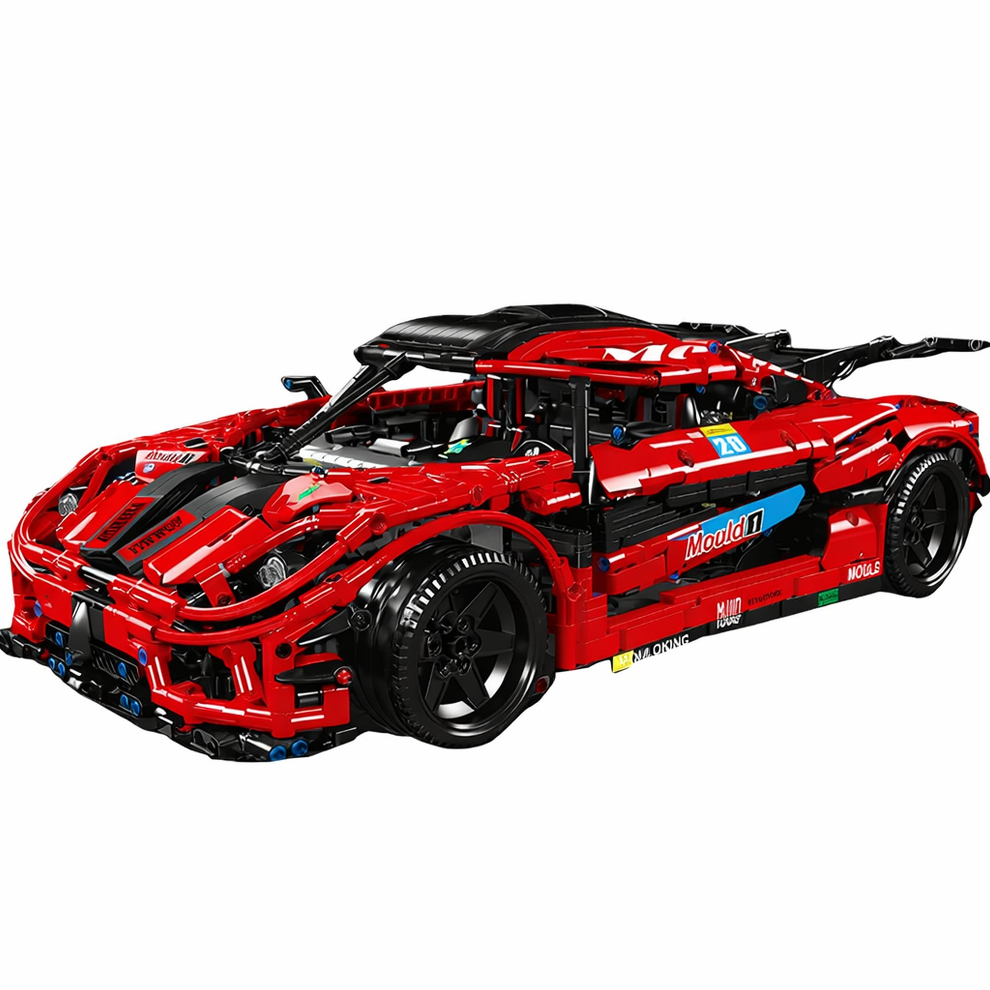 Czerwony model samochodu sportowego Lego z czarnymi detalami i naklejkami.