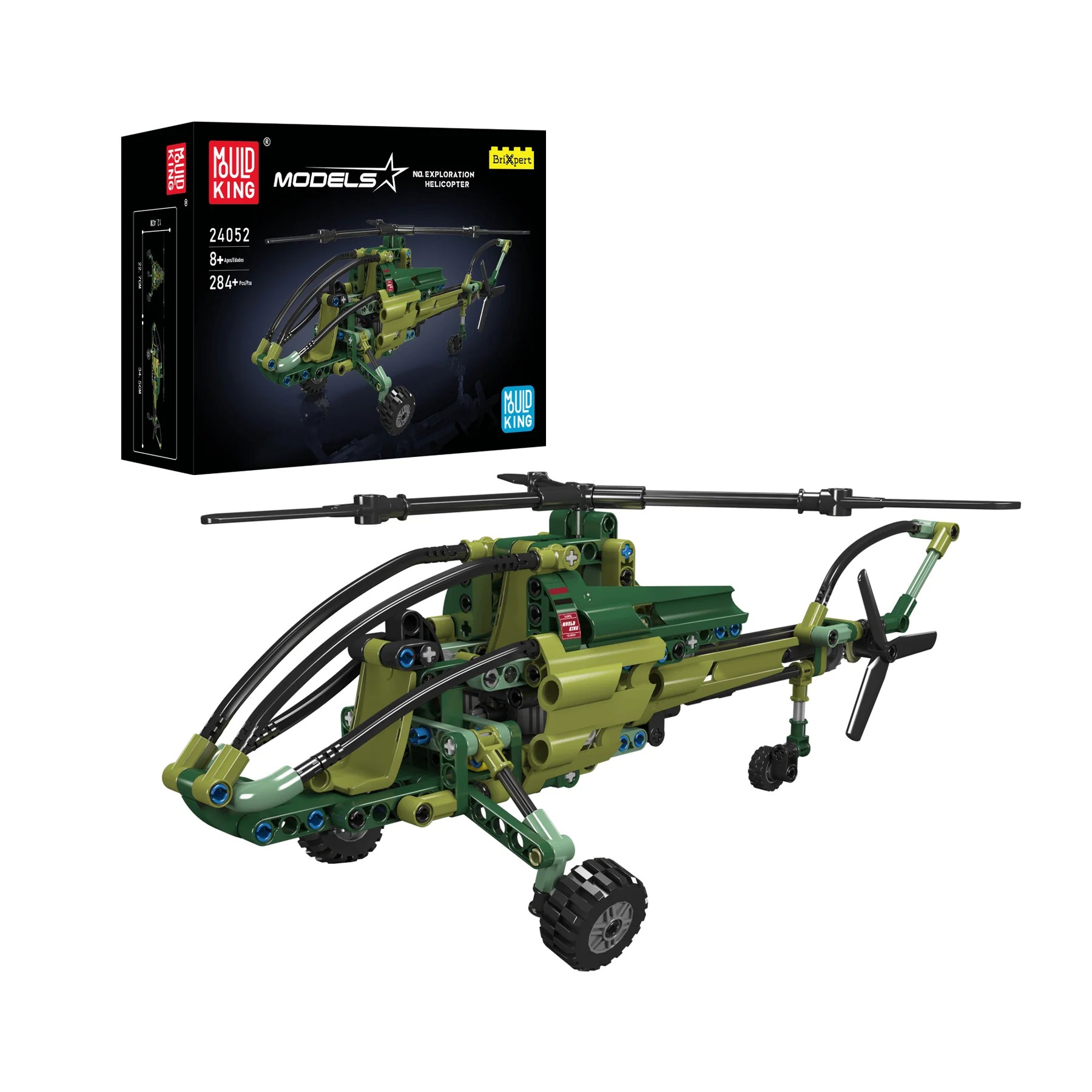 Zielony helikopter z klocków dla dzieci z kołami i wirnikami.
