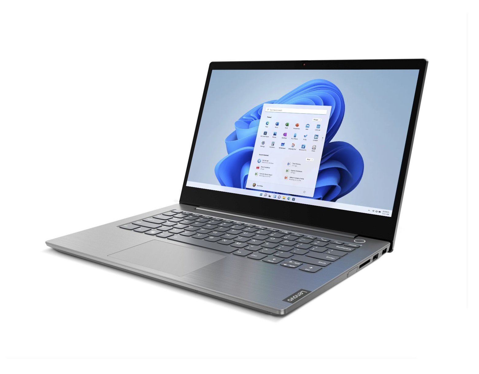 Ein graues Lenovo-Laptop mit geöffnetem Bildschirm, das Windows 11 zeigt, auf weißem Hintergrund.