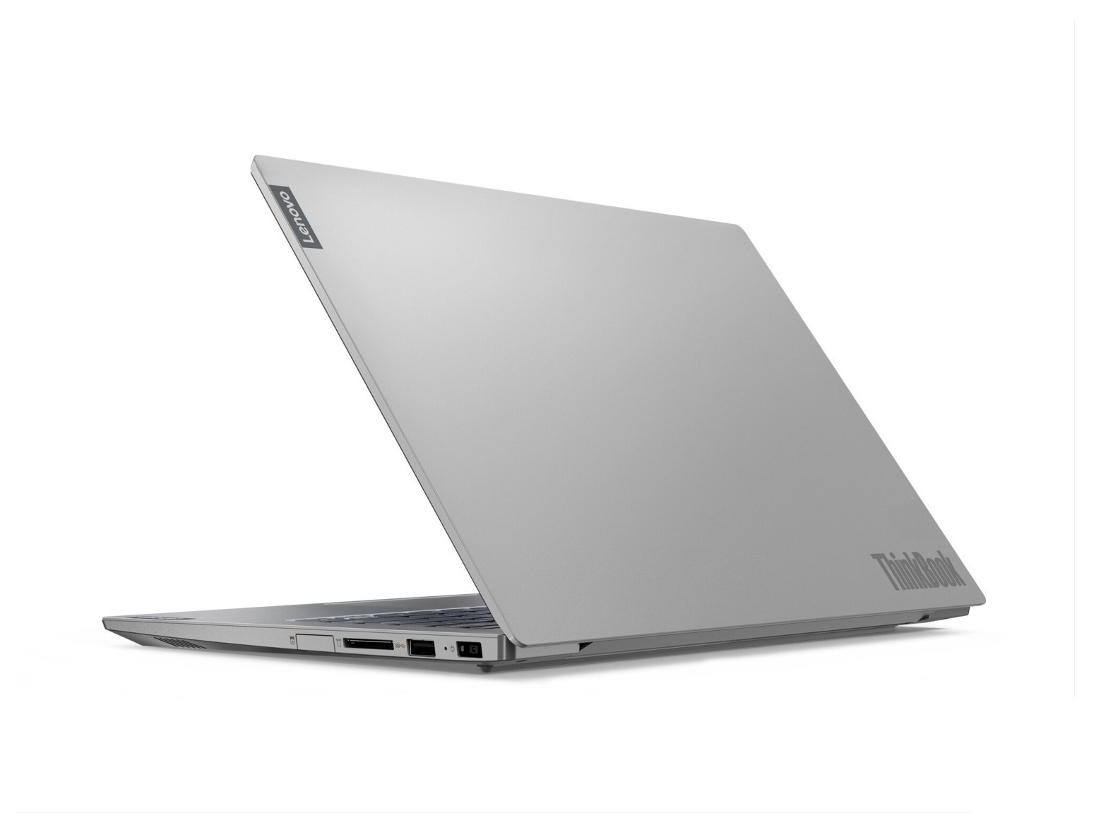 Ein silberner Lenovo ThinkBook Laptop ist schräg auf weißem Hintergrund abgebildet.
