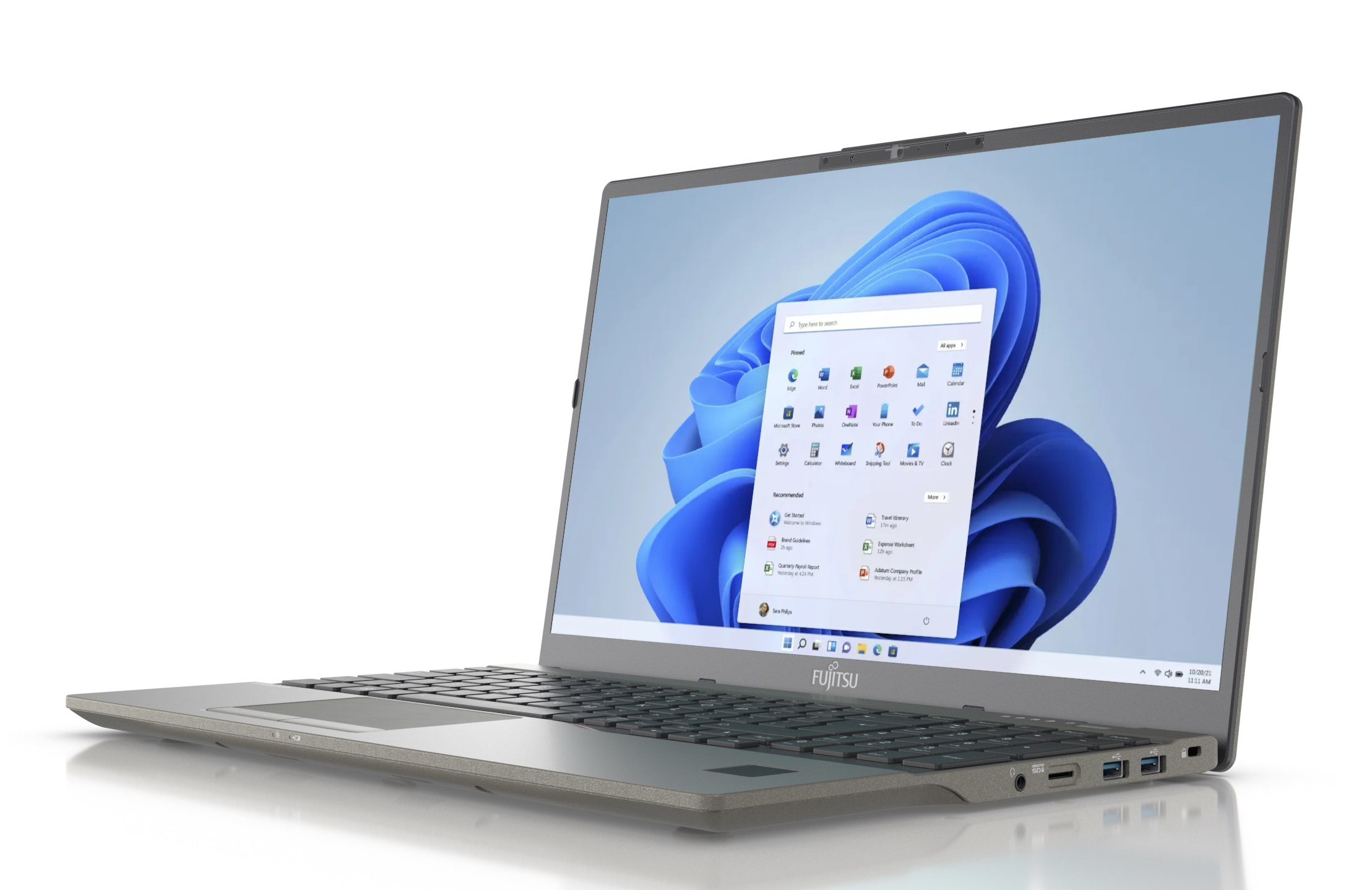 Ein graues Fujitsu-Notebook mit geöffnetem Windows 11 Startmenü auf dem Bildschirm.