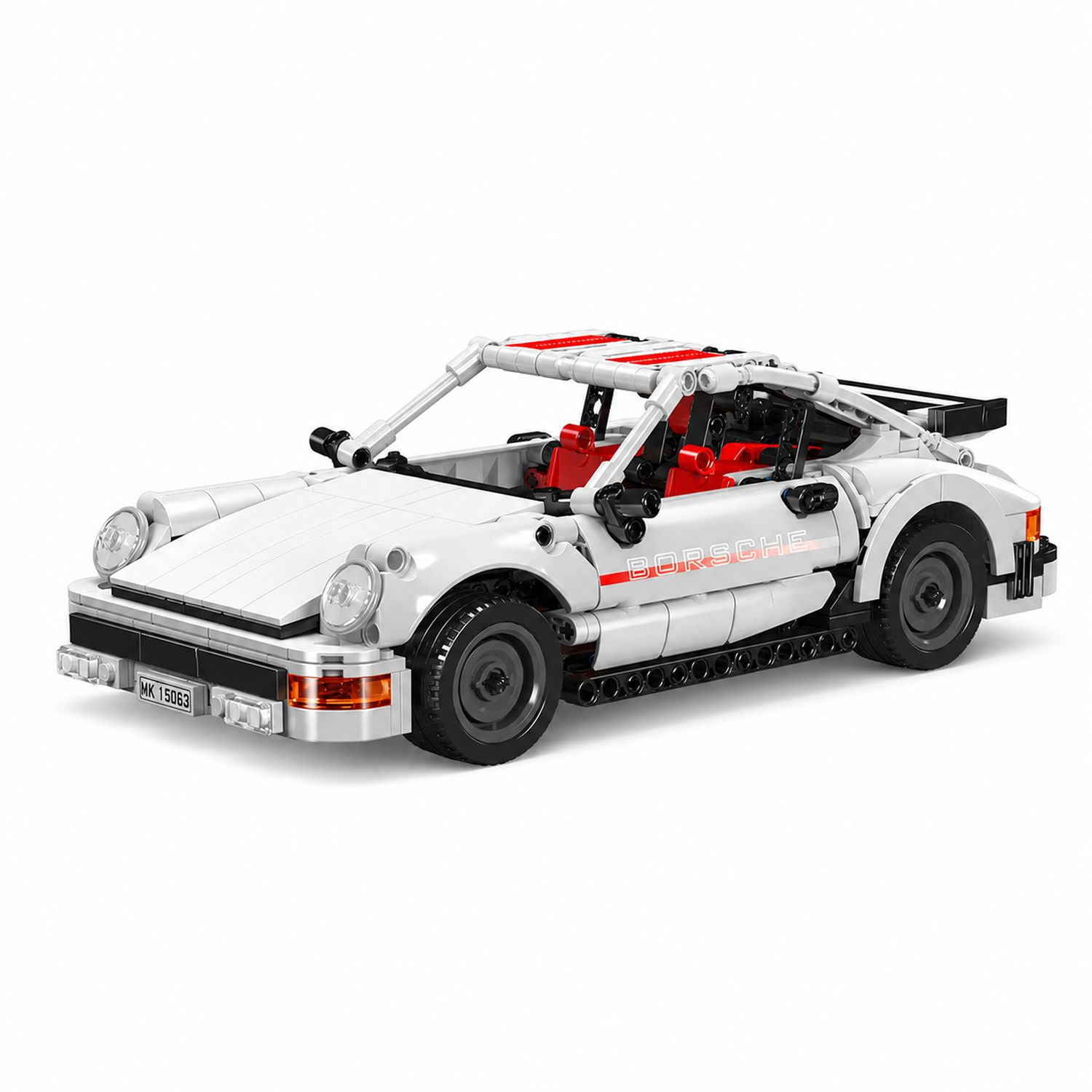 Biały model samochodu Porsche z klocków Lego z czerwonymi siedzeniami.